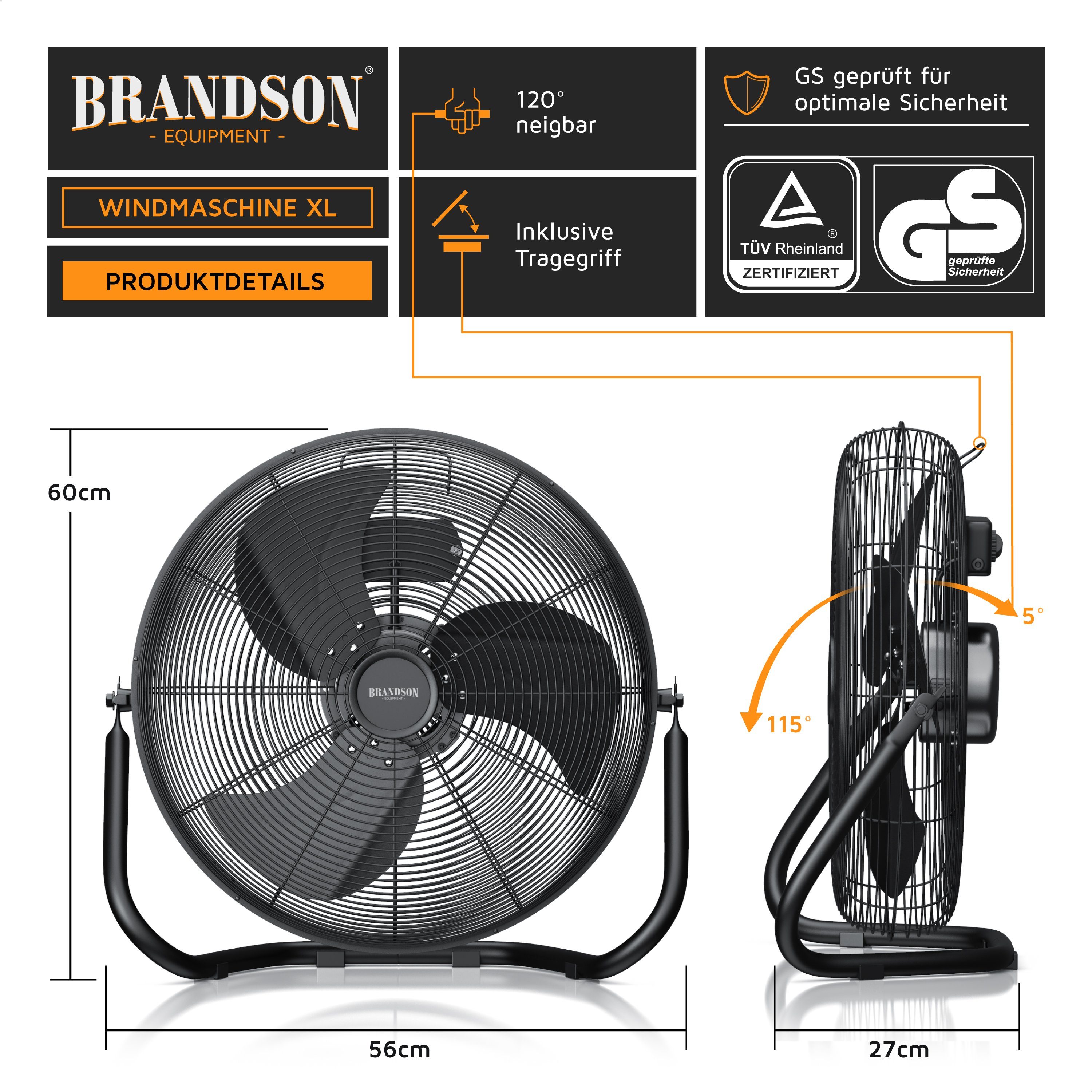Brandson Windmaschine Bodenventilator im Retro Stil, hoher Luftdurchsatz, 160W, Schwarz, 53,5 cm Durchmesser, Preisträger 2025, robuster Stand, stufenlos neigbar, GS-Geprüft