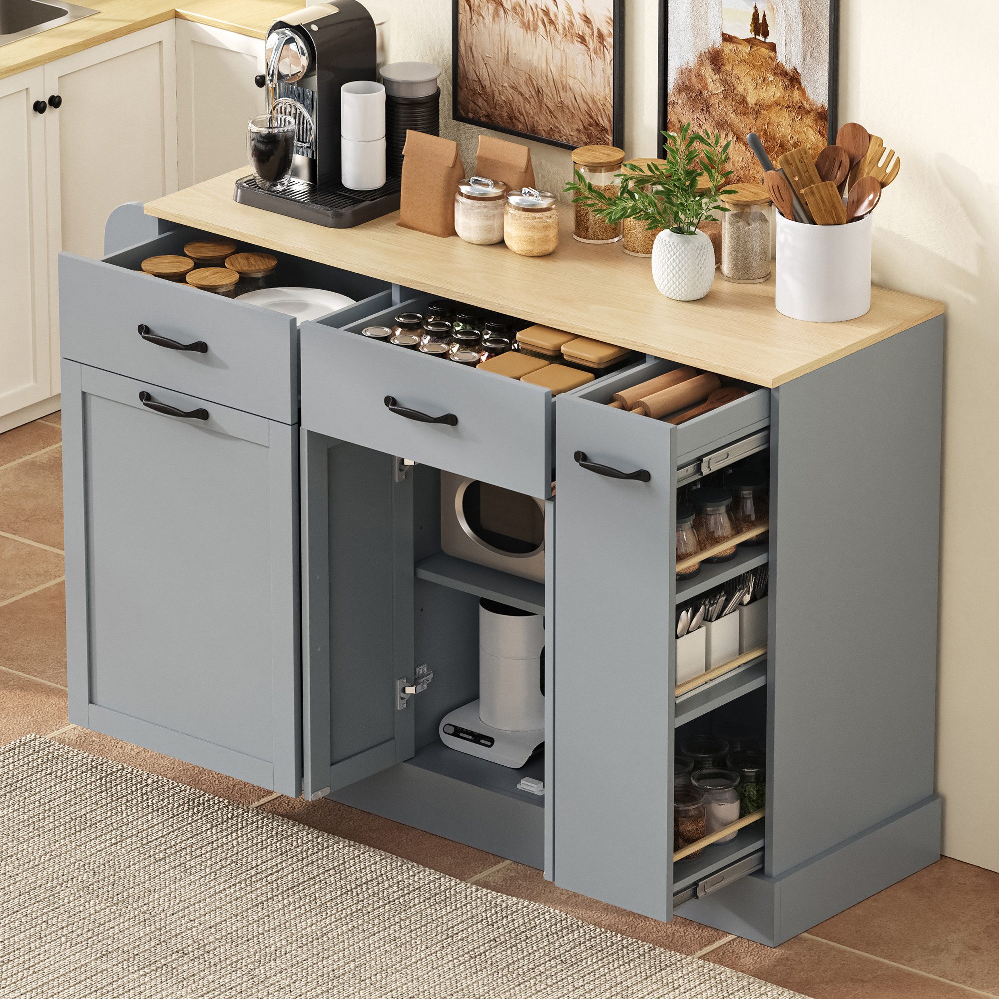 BlingBin Sideboard Buffetschrank mit Schubladen und Abfallbehälterfach, Küchenschrank (1er Set, 1 St., Produktgröße: 133.5 × 40 × 86 cm, Gewichtskapazität: 60kg), Beistellschrank mit externer Gewürzregal für Esszimmer, Küche, Grau