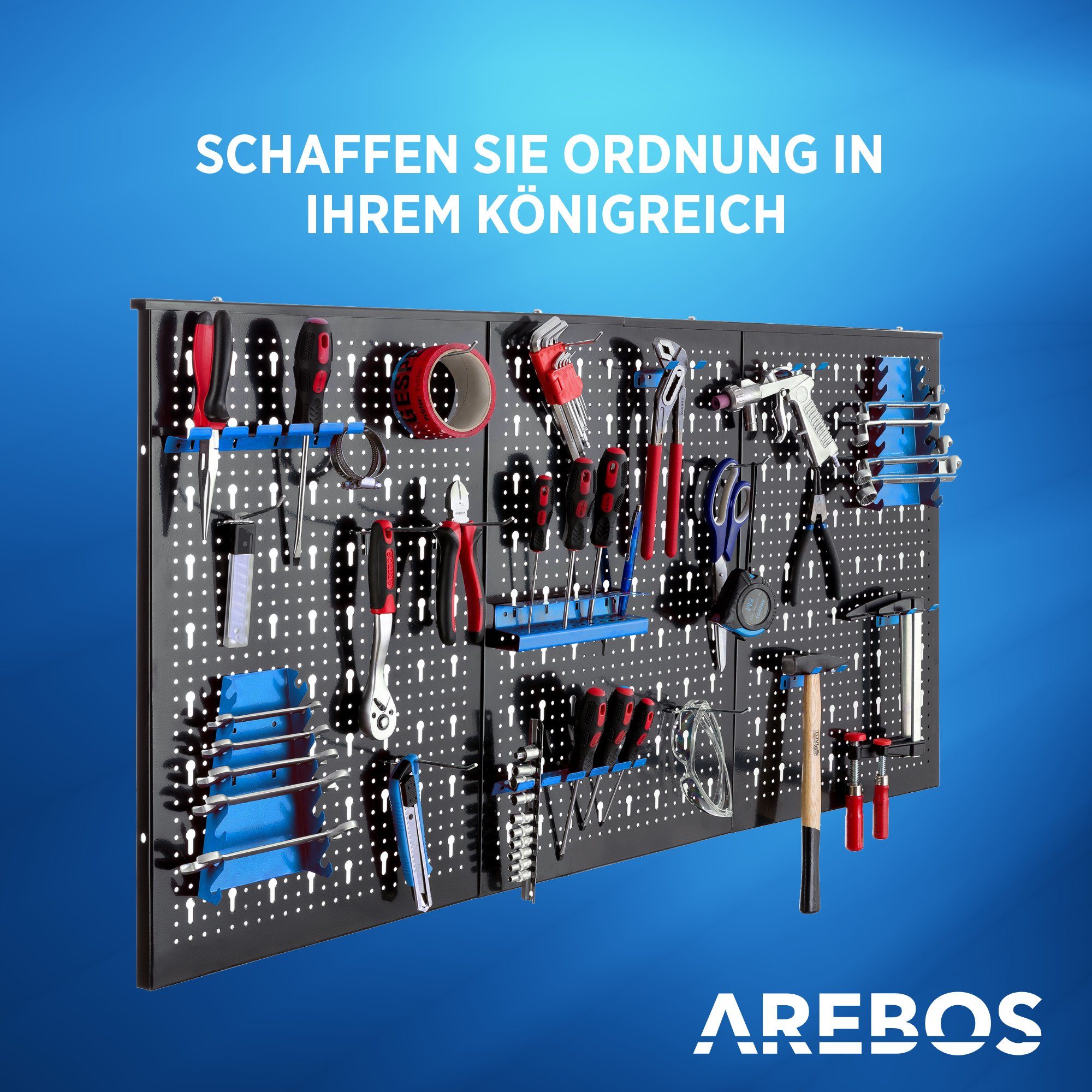 Arebos Lochwand Werkzeugwand dreiteilig, 17-teiliges Stk., Haken, mit 3 (Set) Schwarz/Blau Rot/Blau, 17 Hakenset