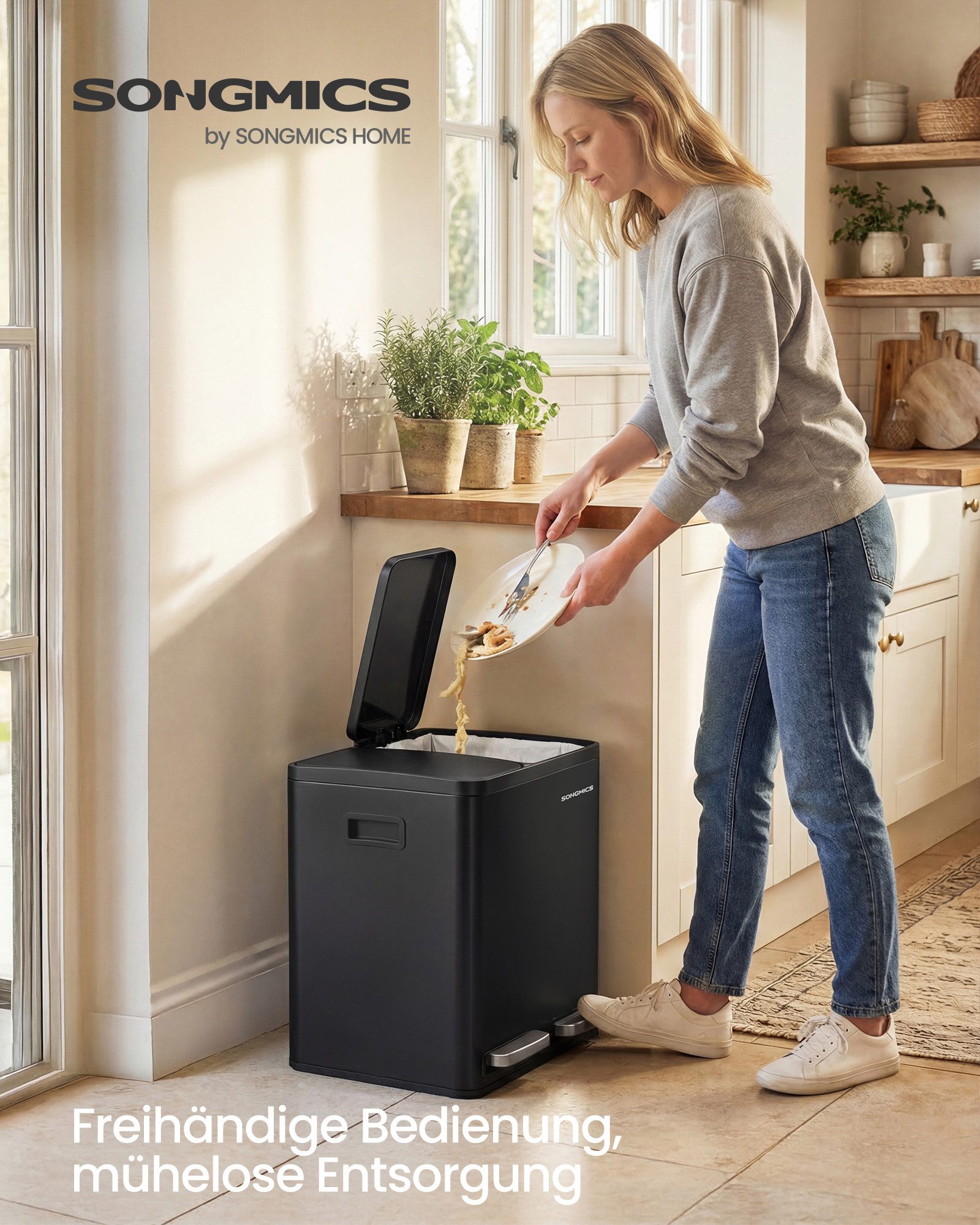 SONGMICS Mülleimer Abfalleimer 2 oder3 Fächer, Mülleimer 30L 54L 60L, Tretmülleimer Softclose-Deckel, herausnehmbare Inneneimer