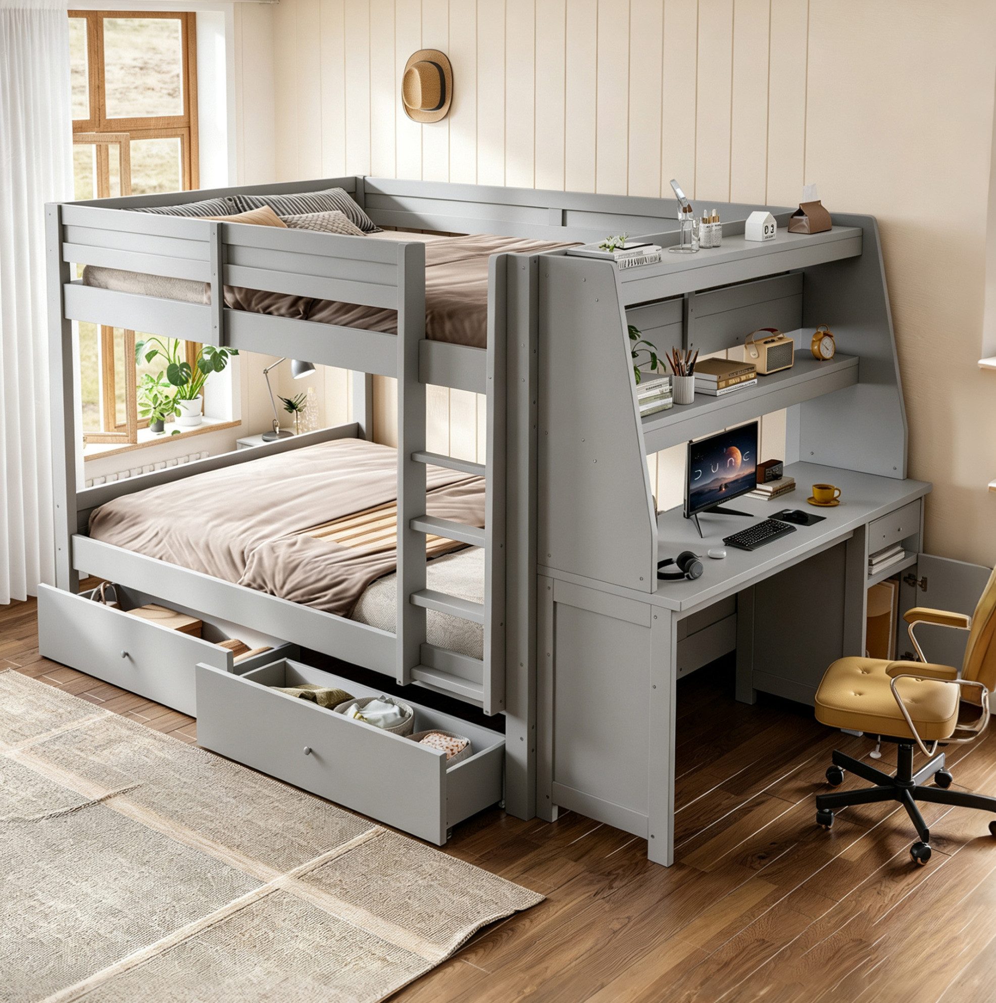 MODFU Etagenbett Kinderbett mit seitlichem Stauraumschrank links oder rechts montierbar (140x200cm, inklusive Schreibtisch, Schubladen und Ablagebereich, Funktionsbett Jugendbett), ohne Matratze