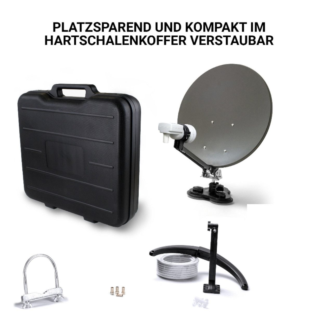 Xoro MCA 38 Camping-Satellitenanlage 38,5 cm mit LNB und Satfinder SAT-Antenne (38,5 cm, Stahl, Mobiles Sat‑Set im Koffer mit 38,5‑cm Spiegel und LNB)