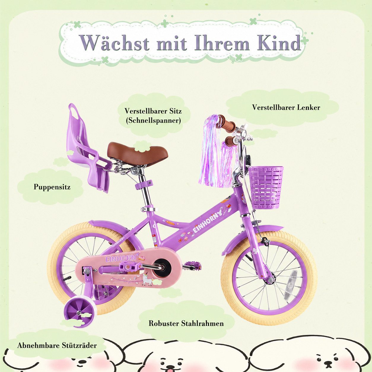 Vankel Kinderfahrrad 12/14/16 Zoll mit Stützrädern, 1 Gang, Für Mädchen 2–7 Jahre mit Korb & Puppensitz