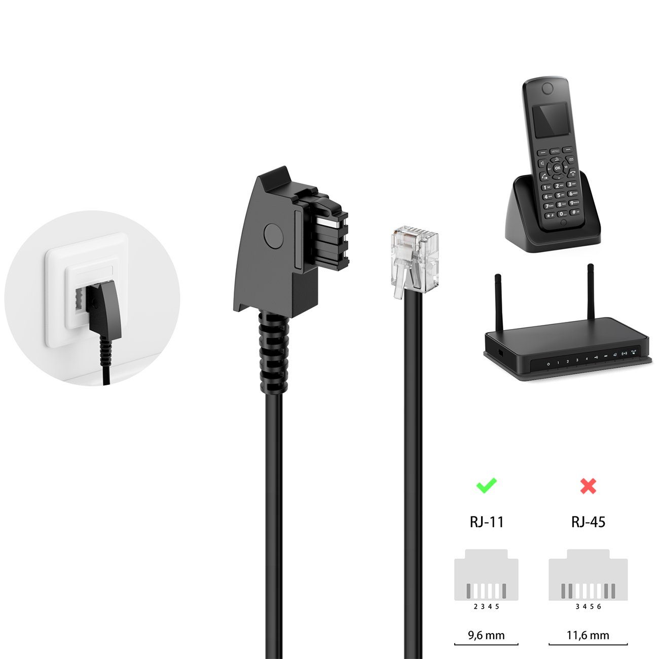 deleyCON deleyCON 6m Telefonkabel TAE-F auf RJ11 Stecker 6P4C Analoge LAN-Kabel