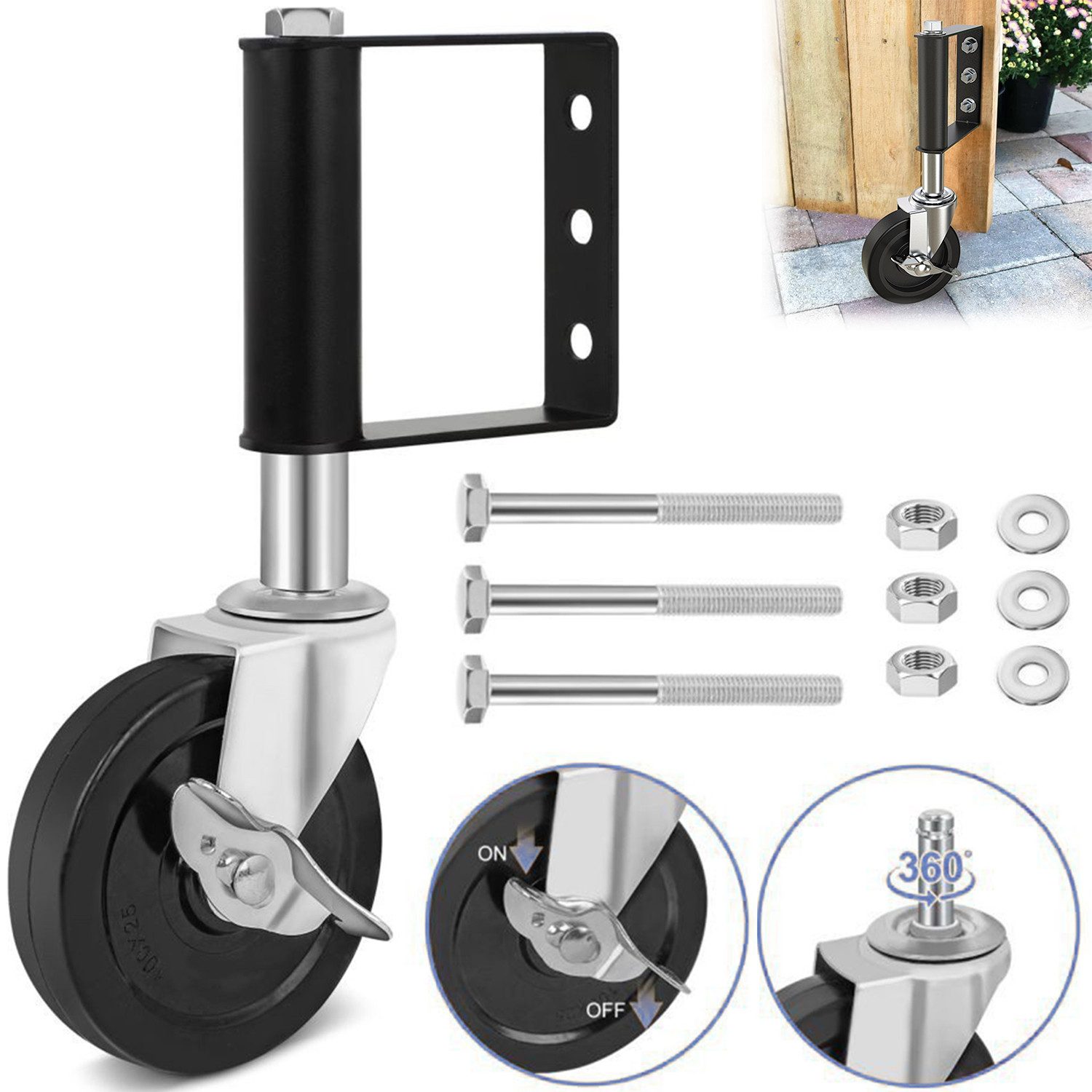 Refined Living Мебельrolle Torrolle 100mm mit Federbelastung Laufrollen mit Bremse 360°-Drehung, (Rad mit Robuster Federung Schwerlast-Torräder Drehbare Torrolle, 1-St., Leises Gummirollen Belastbarkeit 100 Kg Мебельrolle Lenkrolle Schwarz), Hochleistungs Stoßdämpfung Lenkrolle für Holztore, Zäune und Gartentor