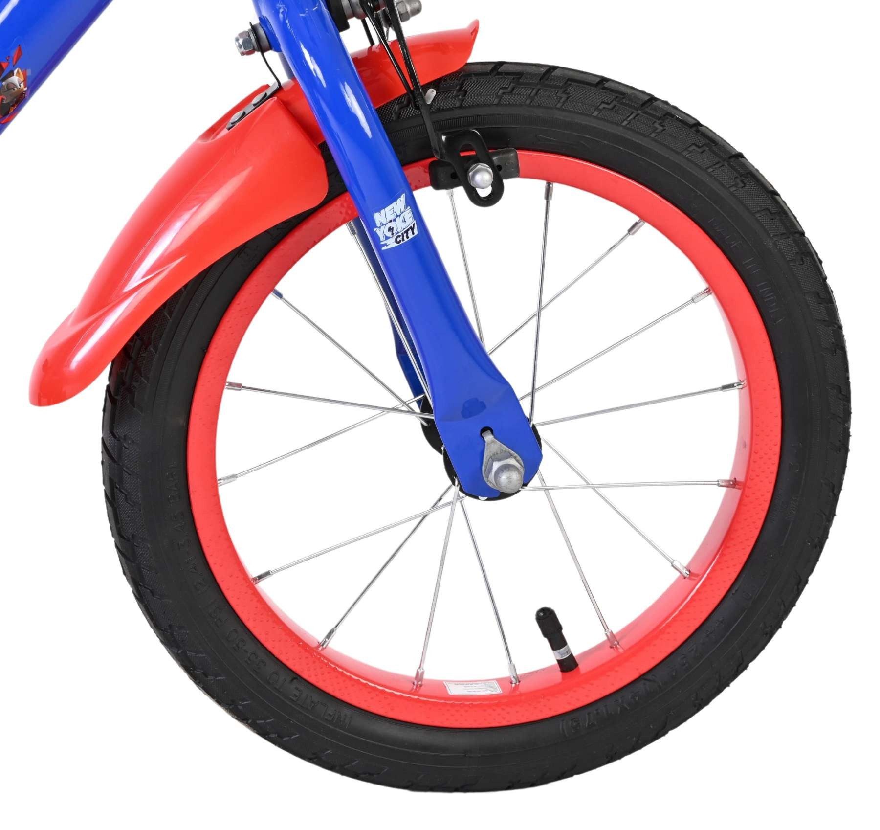 Volare Kinderfahrrad Sonic Prime 14 Zoll für Jungen – Blau/Rot – Zwei Handbremsen, Abnehmbare Stützräder, geschlossener Kettenkasten, Luftreifen