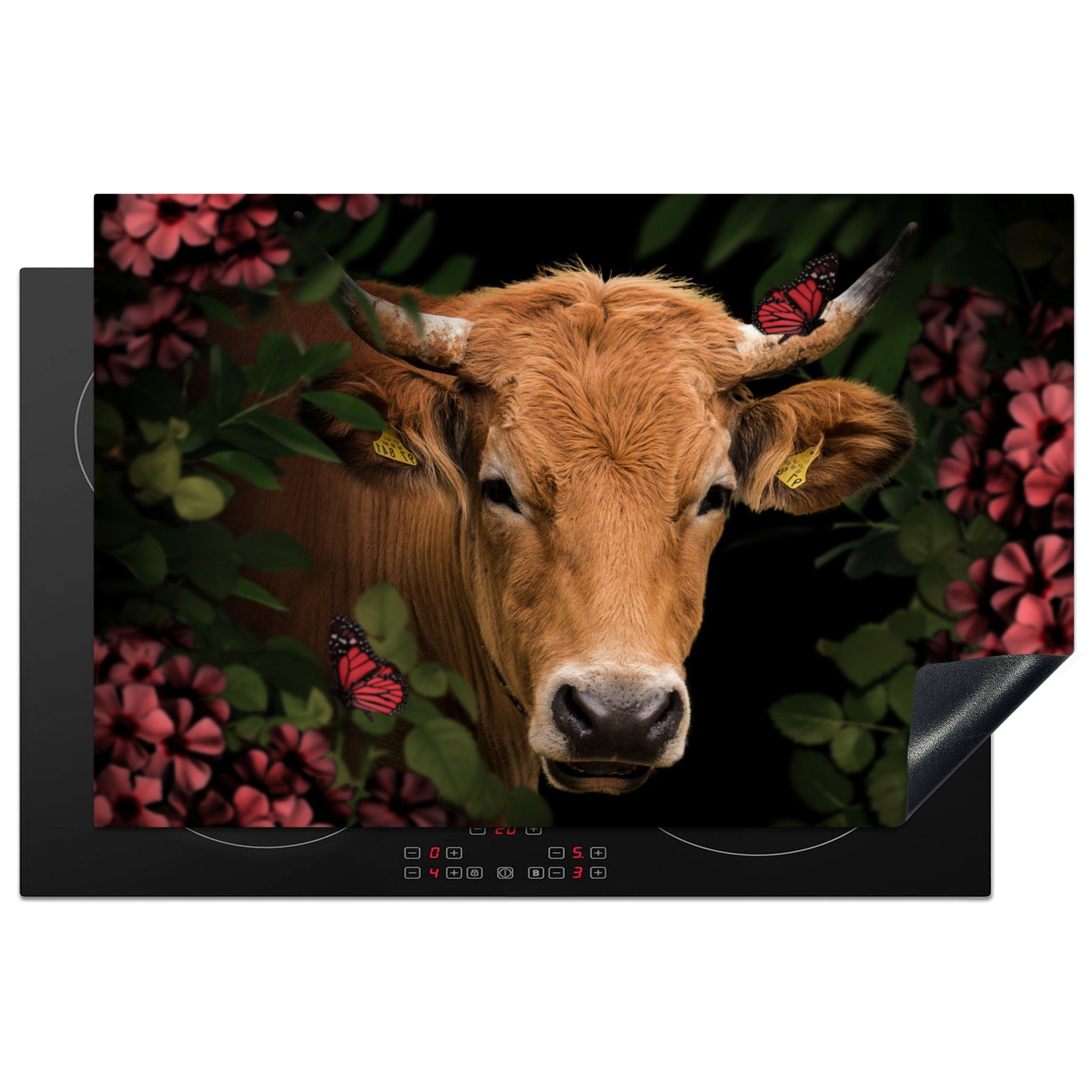 Ceranfeldabdeckung 81x52 cm, tlg), Induktionskochfeld (1 Schutz - küche, - Herdblende-/Abdeckplatte - die Kuh für MuchoWow Vinyl, Tiere Blumen Braun,