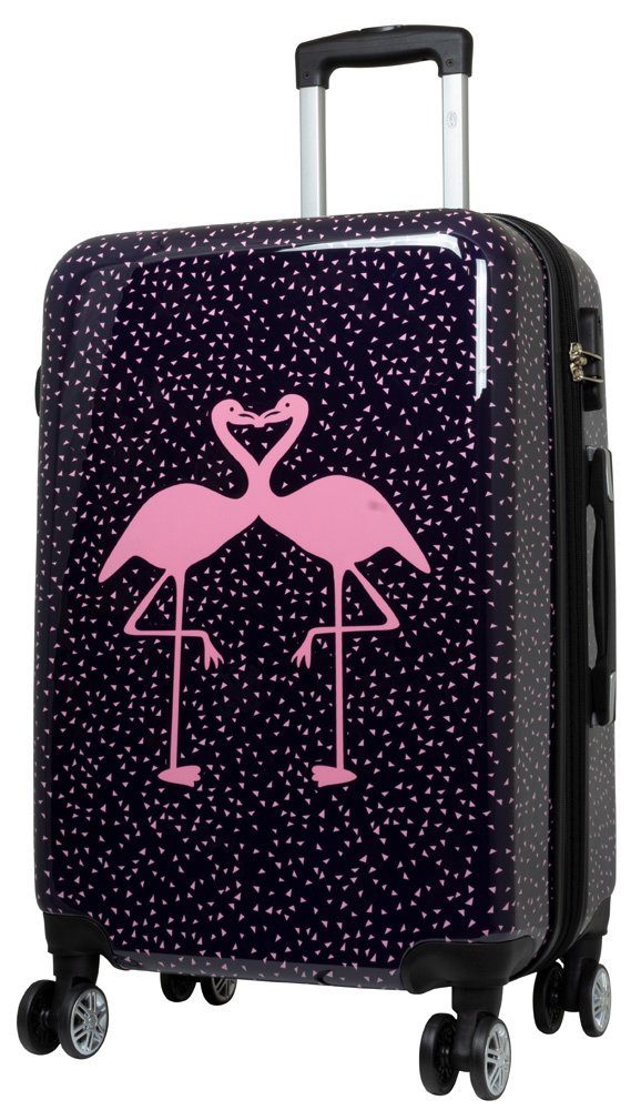 Trendyshop365 Hartschalen-Trolley Kofferset 3 tlg Hartschale Flamingo Motiv 4 Rollen Zahlenschloss, Zahlenschloss, Polycarbonat, Dehnfalte