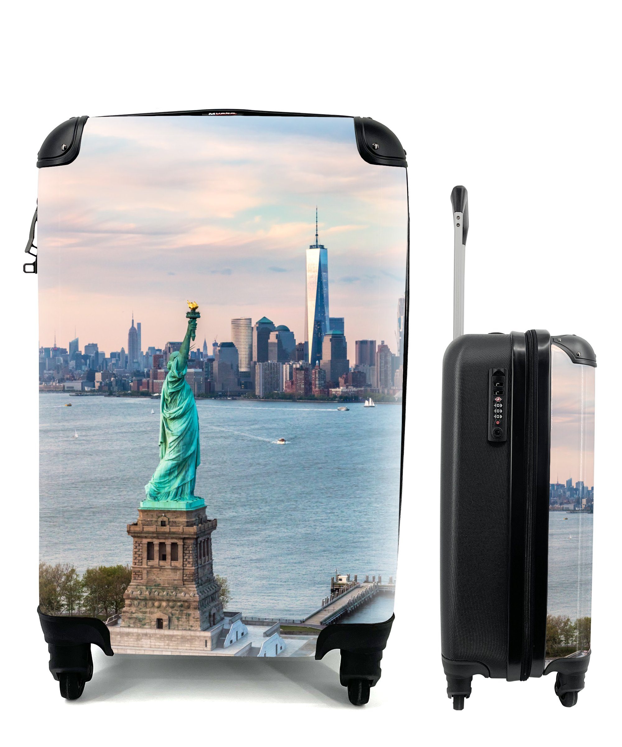 MuchoWow Handgepäckkoffer Freiheitsstatue mit der Skyline von New York, 4 Rollen, Reisetasche mit rollen, Handgepäck für Ferien, Trolley, Reisekoffer