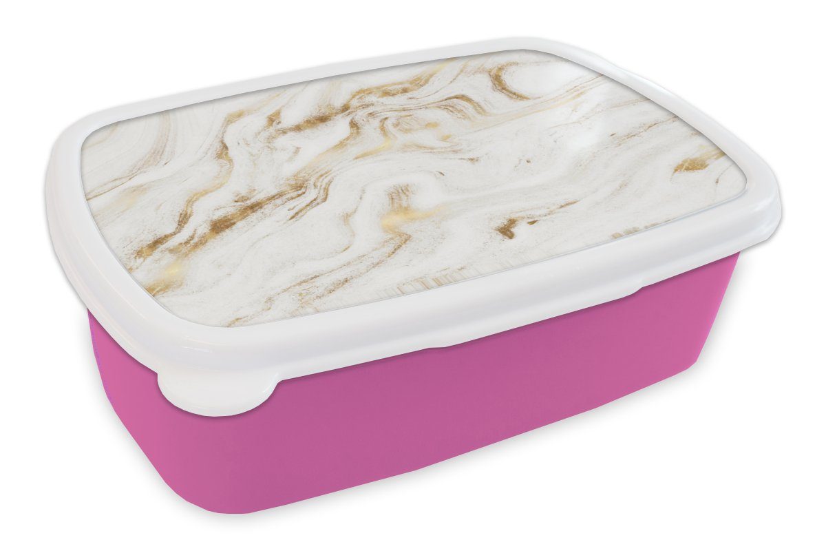 MuchoWow Lunchbox Marmor - Gold - Weiß, Kunststoff, (2-tlg), Brotbox für Erwachsene, Brotdose Kinder, Snackbox, Mädchen, Kunststoff rosa