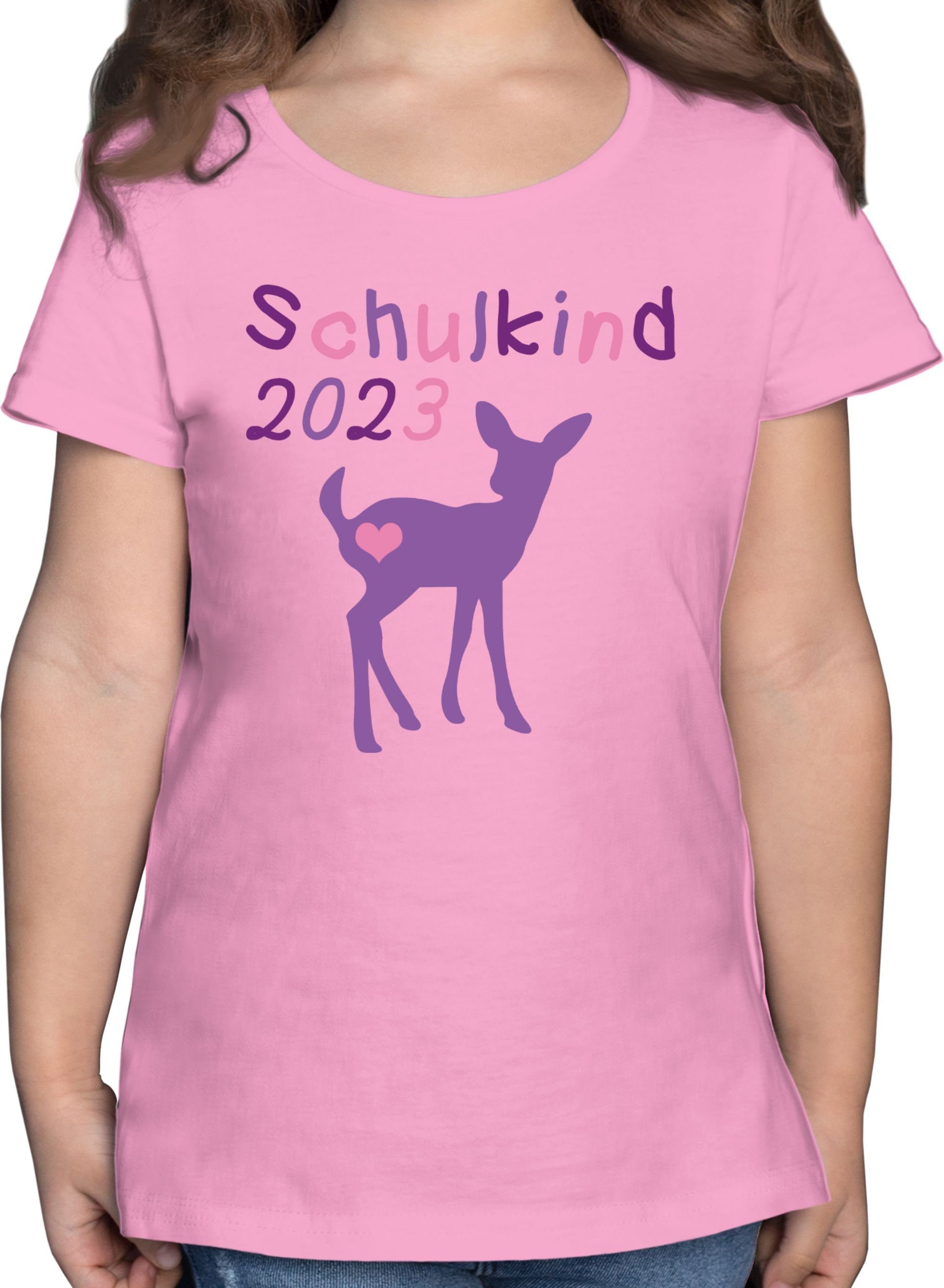 Schulkind 2023 Rosa Reh 1 T-Shirt Mädchen Shirtracer Kitz Einschulung Lila