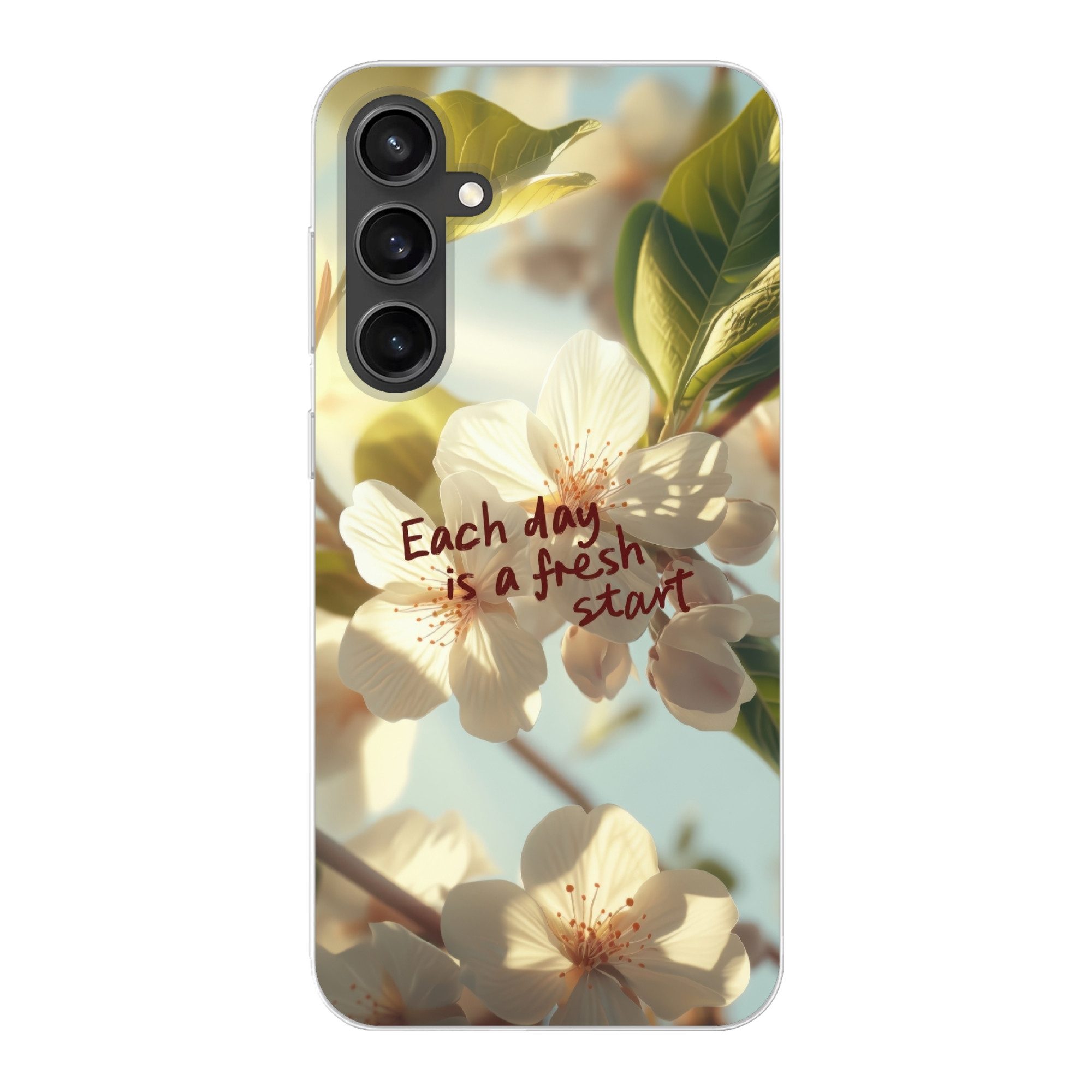 MuchoWow Handyhülle für Samsung Galaxy S23 FE Blüten - Sonnenlicht - Zitat - Weiß