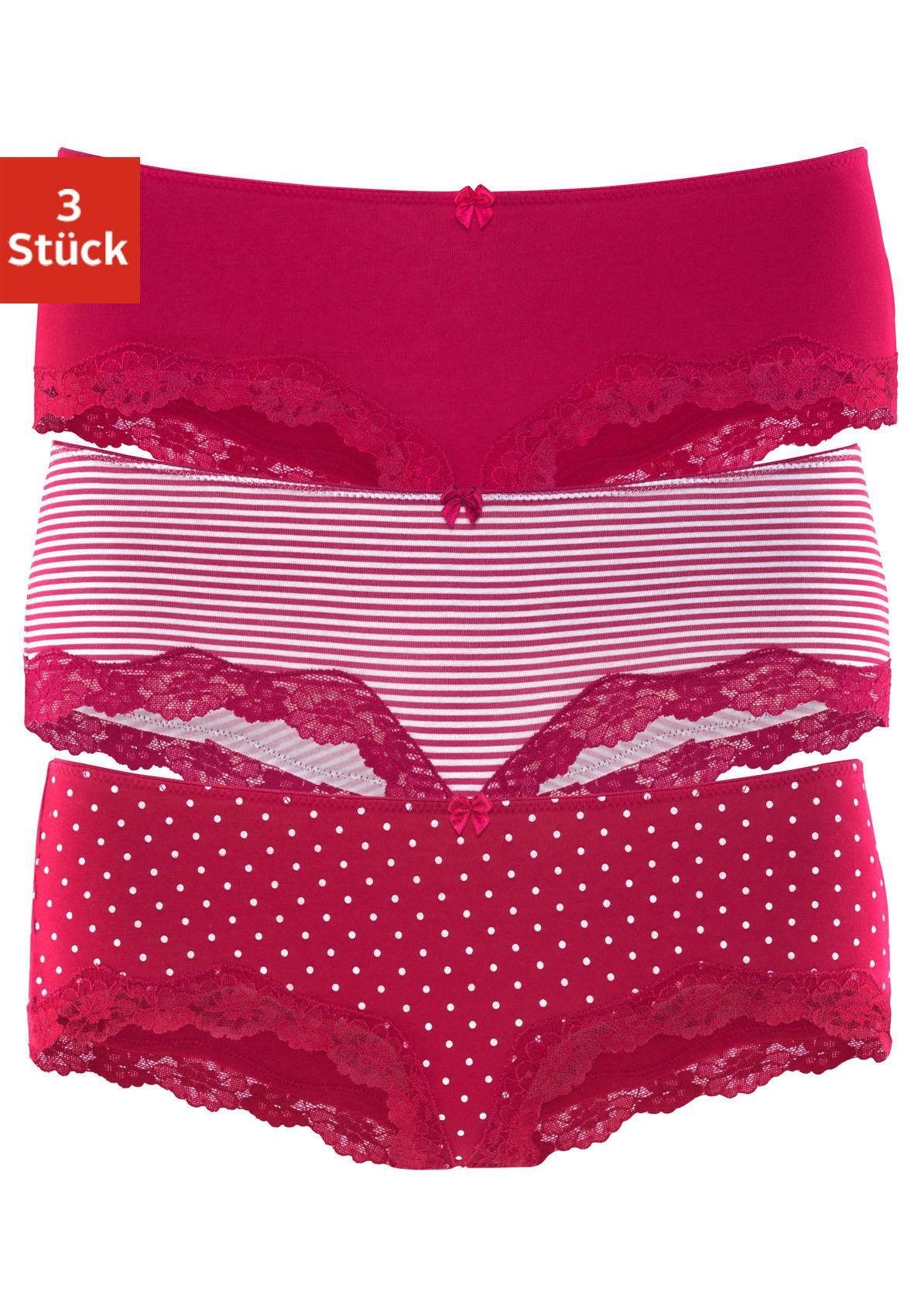 LASCANA Panty (Packung, 3-St) aus elastischer Baumwolle mit zarter Spitze