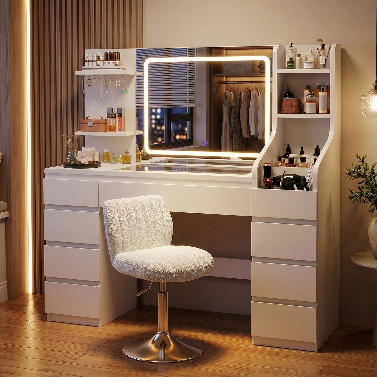 HOMALL Schminktisch Dreifarbiger, LED-beleuchteter Schminktisch Extra großer Stauraum (Maße: 135 × 40 × 137 cm, Arbeitsplatte aus gehärtetem Glas, mit 7 offenen Ablagefächern + 9 Schubladen, 2 Steckdosen + 1 USB-Anschluss + 1 Typ-C-Anschluss, Halterung fü