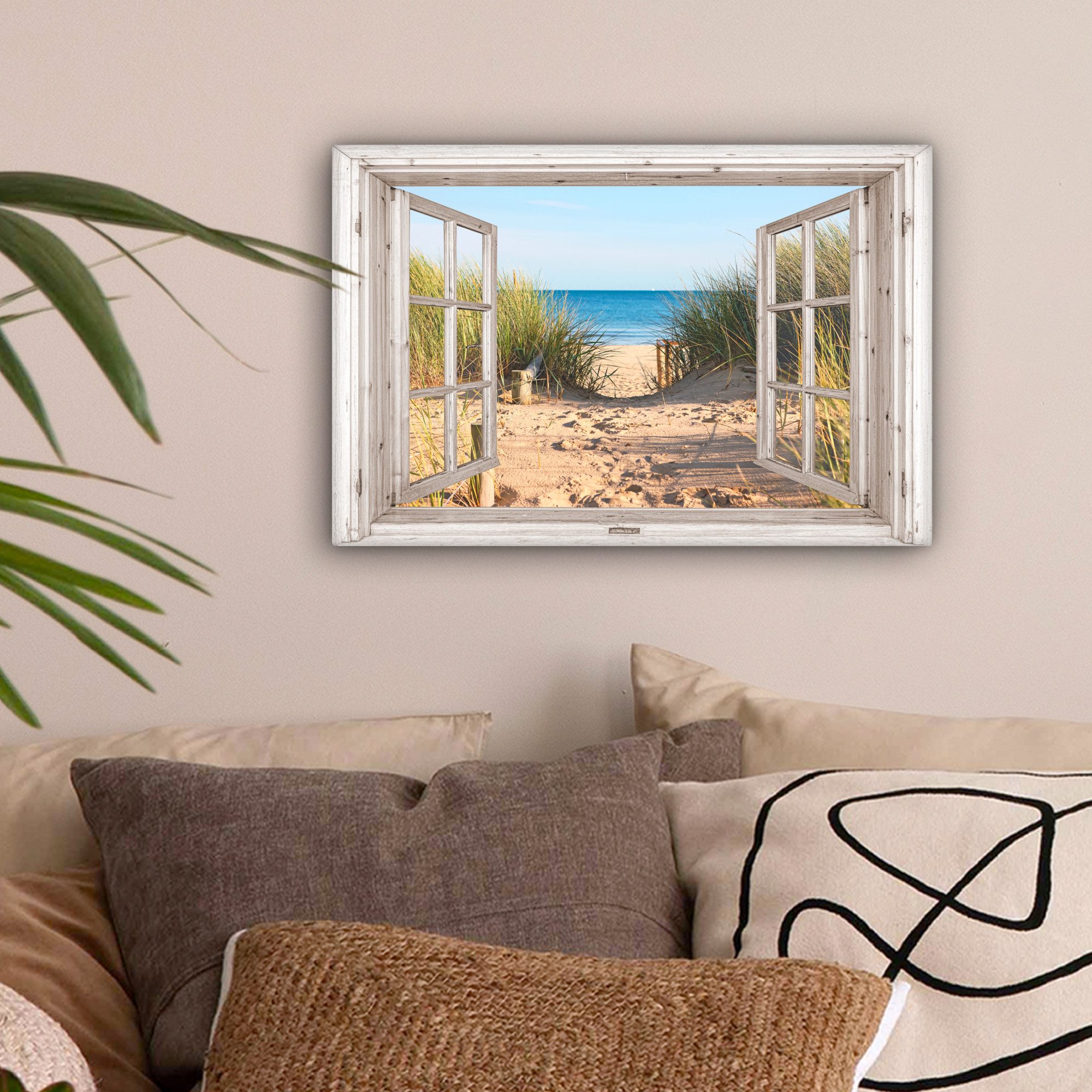 OneMillionCanvasses® Leinwandbild Durchblick - Strand - Meer - Dünen - Sand - Wasser - Hochgras, Fotodruck (1 St), Leinwand Bilder Klein, Wand Dekoration Aesthetic 30x20 cm