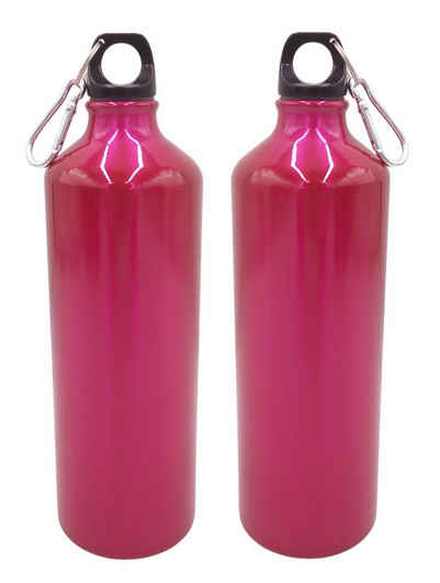 BURI Trinkflasche 2x Aluminium Trinkflasche 1 Liter pink mit Karabiner Wasserflasche Spo