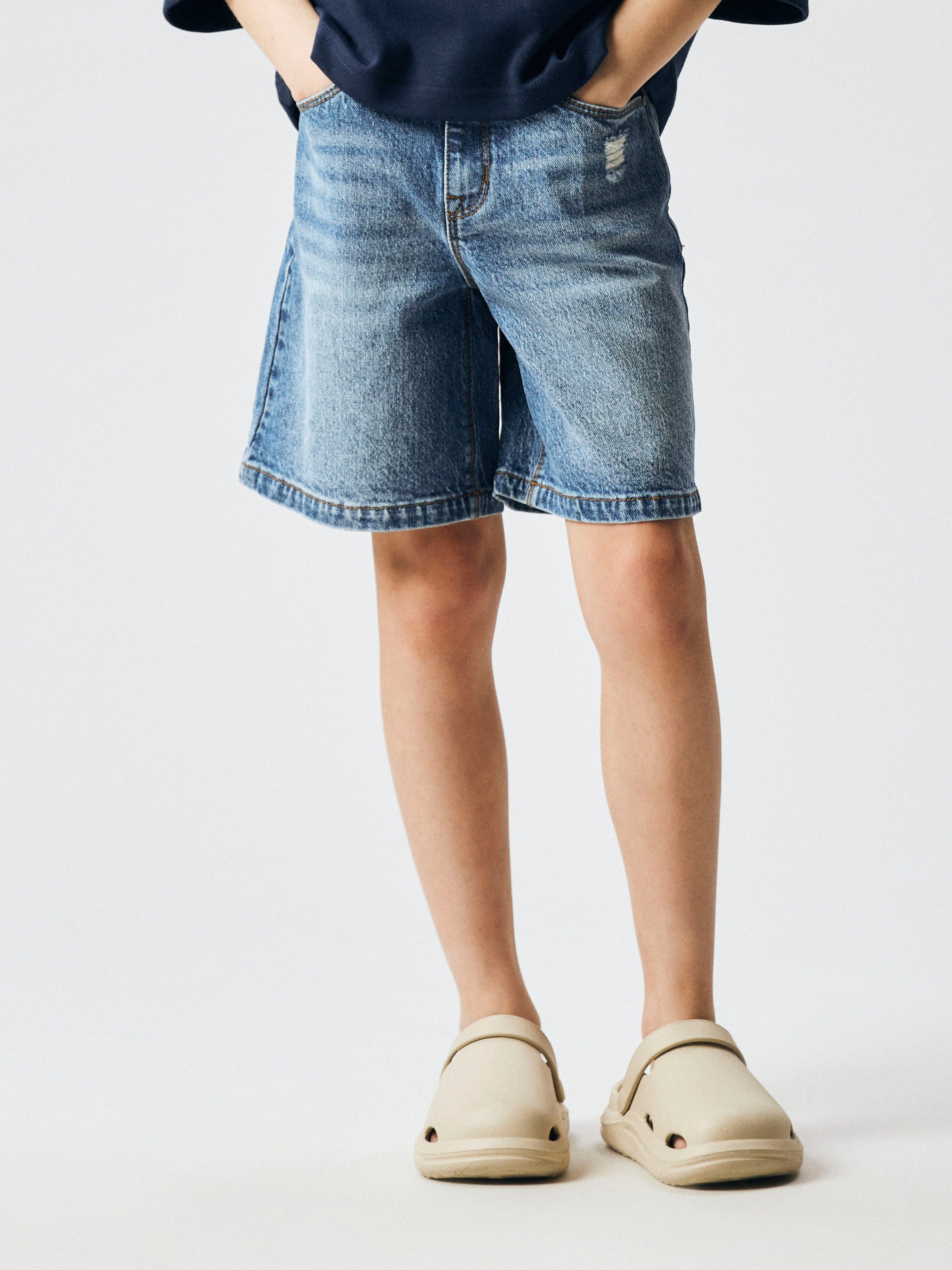 Name It Jeansshorts NKFROSE HW LONG DNM SHORTS 1160-TK Baumwollmischung, Destroyed Effekt