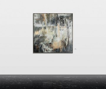 YS-Art Gemälde Schwerelosigkeit, Leinwand Bild Handgemalt Abstrakt Gold Schwarz Quadratisch mit Rahmen