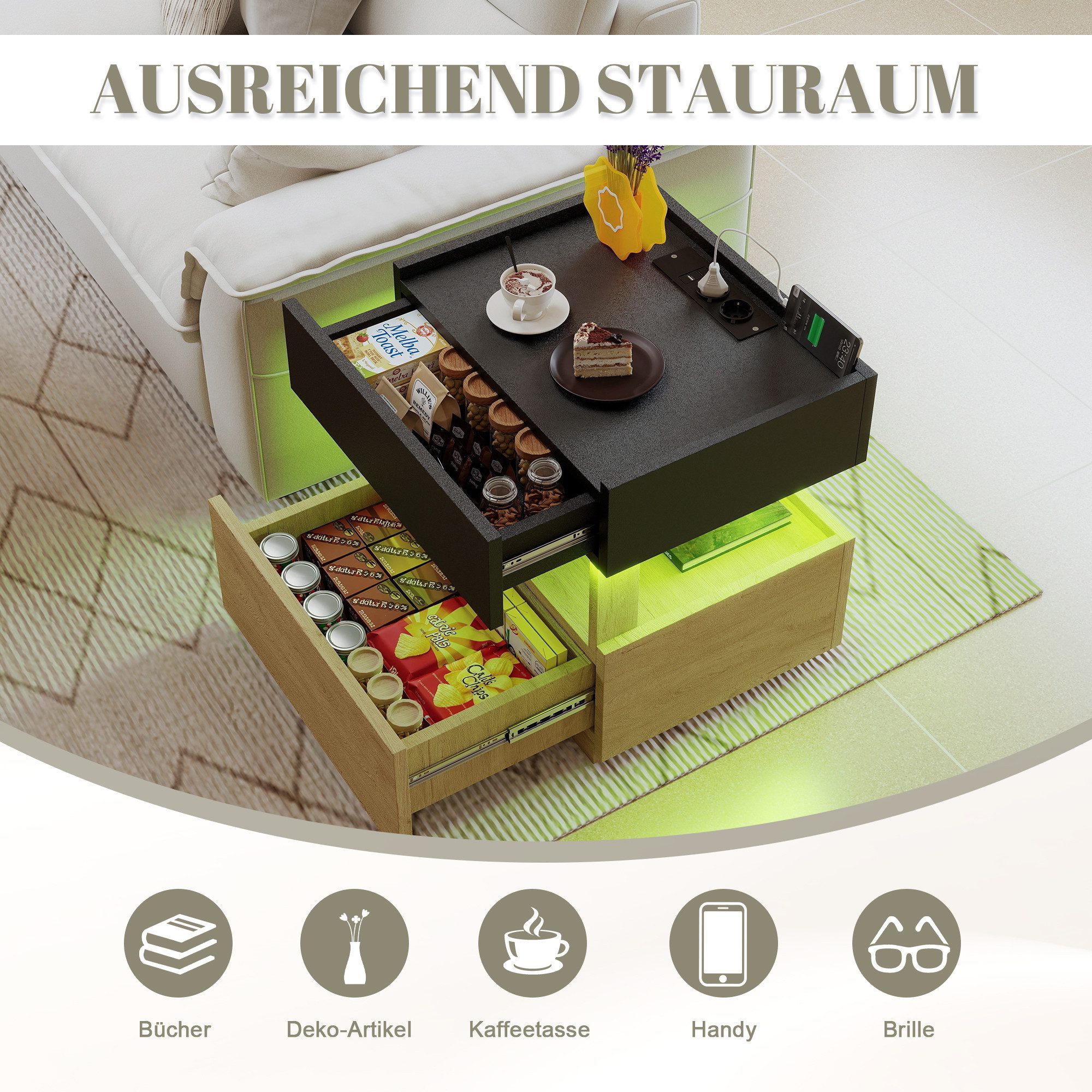 STILVORA Sideboard Nachttisch mit kabelloser Ladefunktion Beistelltisch mit LED (Modernes Nachttisch mit Wireless Charging und 2 Schubladen, Holz+Schwarz, Spanplatte, kompakt, ca.45×35×55cm, stabiler Rahmen), für Schlafzimmer, Bettseite oder Sofa, urbanes Wohnambiente