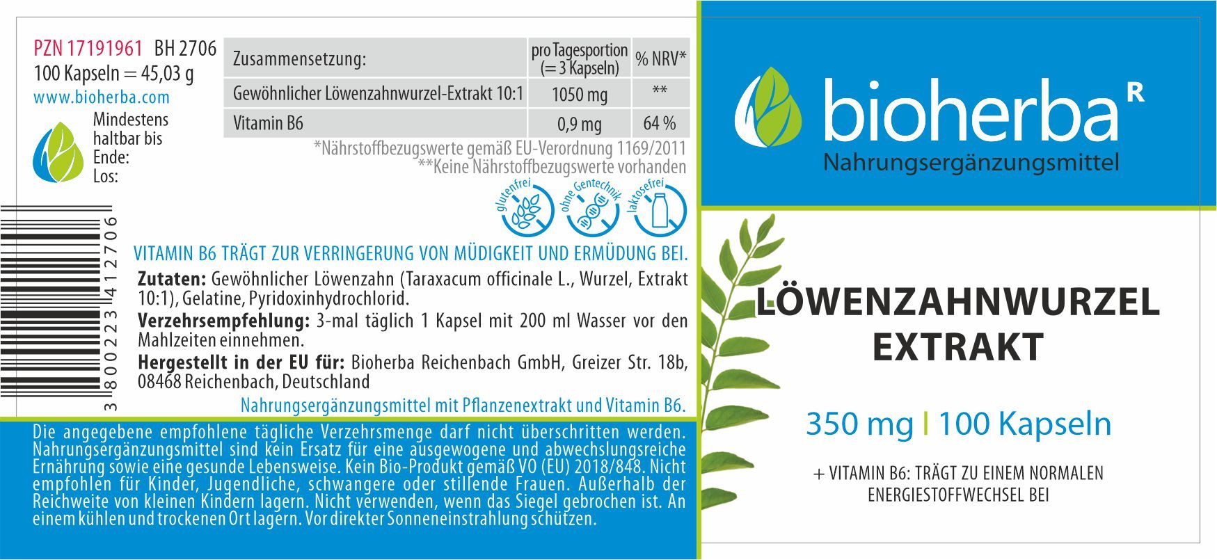 BIOHERBA R Löwenzahnwurzel Extrakt 350 mg 100 Kapseln Nahrungsergänzungsmittel