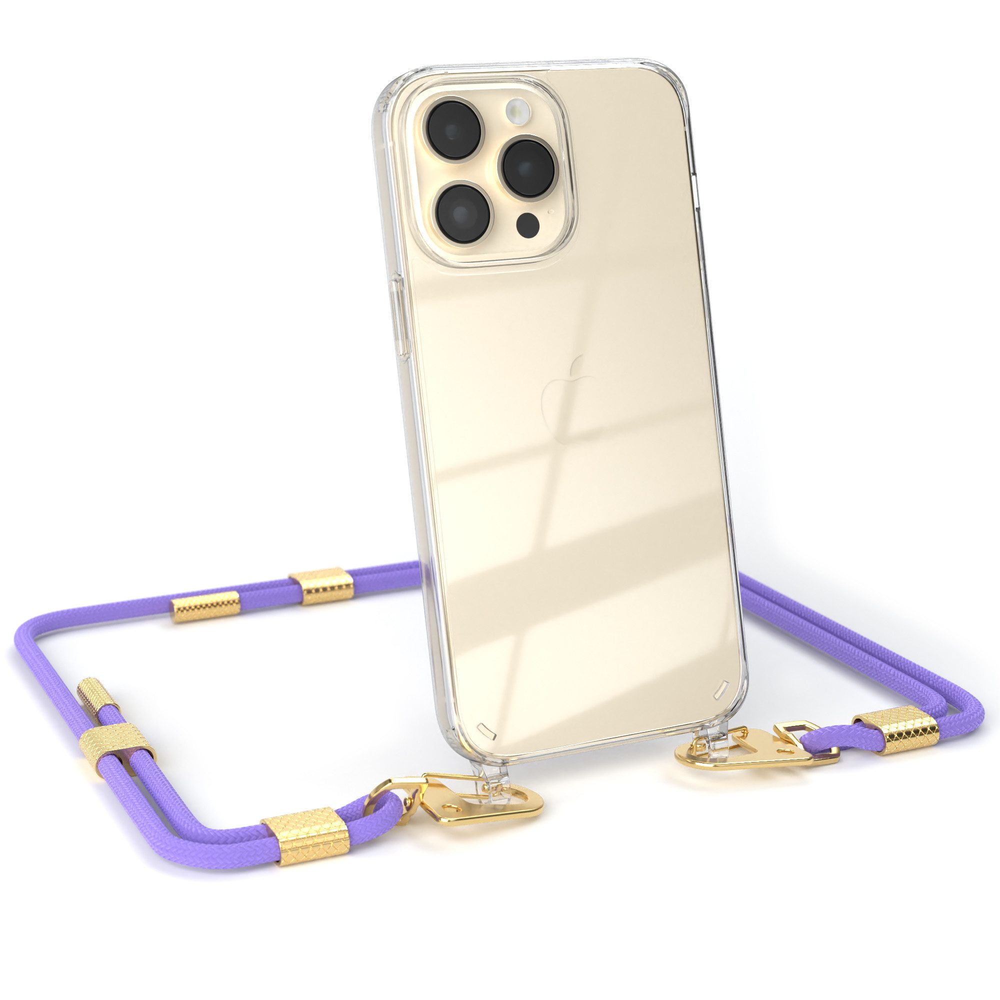 EAZY CASE Handykette Silikonhülle mit Kette für Apple iPhone 14 Pro Max 6,7 Zoll, Smartphonekette Cover Silikonhülle Umhängetasche Flieder Lila Gold