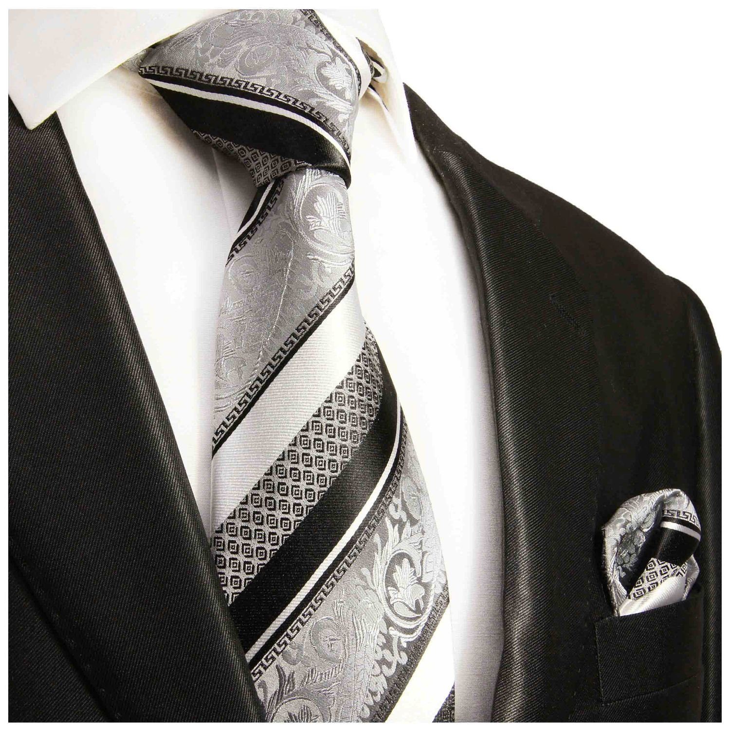 Paul Malone Krawatte Herren Seidenkrawatte Schlips mit Tuch barock gestreift 100% Seide (Set, 2-St., Krawatte mit Einstecktuch) Schmal (6cm), silber schwarz 382