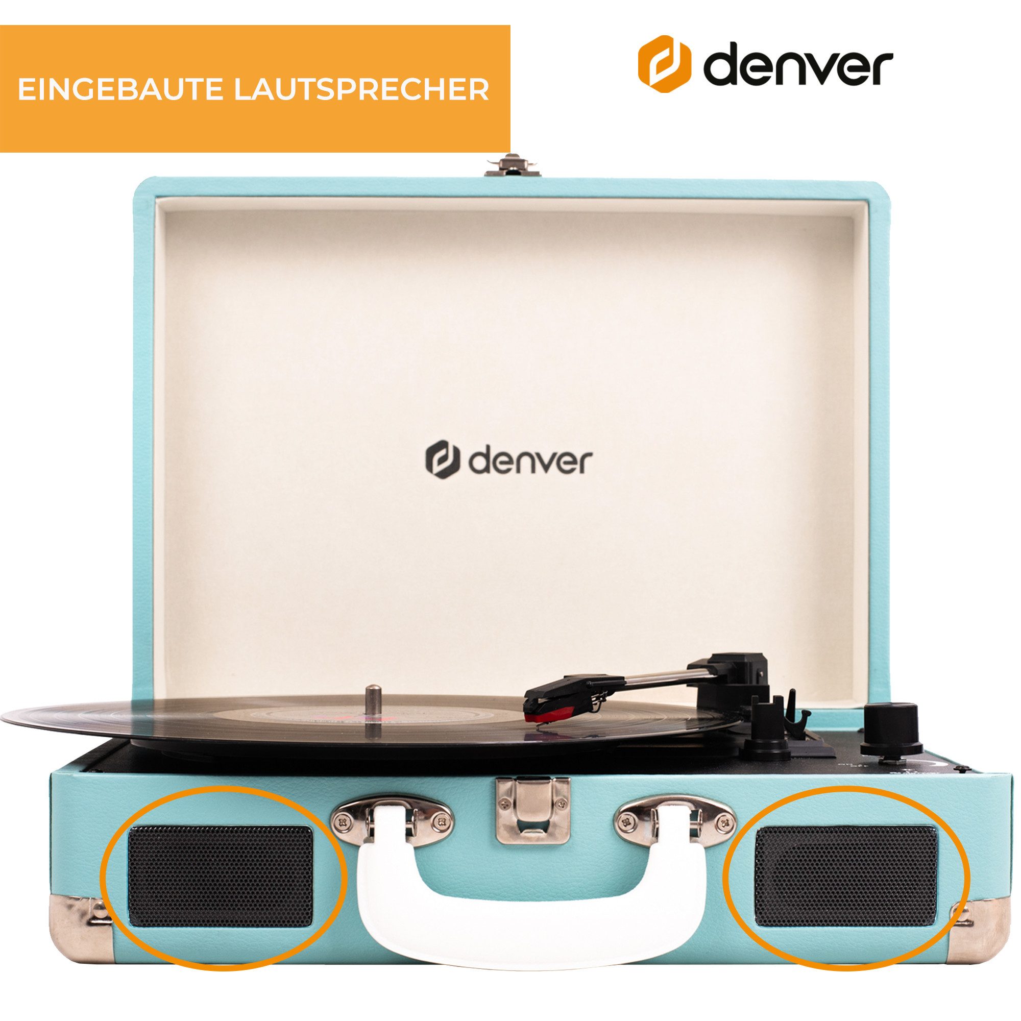 Denver VPL-120BU Plattenspieler (Riemenantrieb, Kofferdesign, Kopfhöreranschluss, mit 2 eingebauten Lautsprechern)
