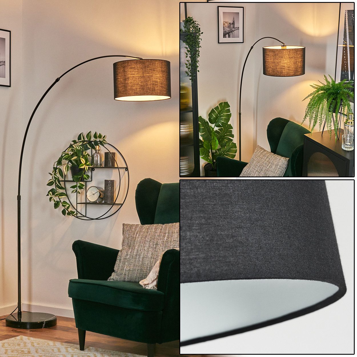 hofstein Bogenlampe Stehlampe mit Marmorfuß aus Metall/Stoff in Schwarz/Chrom/Weiß, verstellbare Stehleuchte im modernen Design, Lichteffekt, Fußschalter