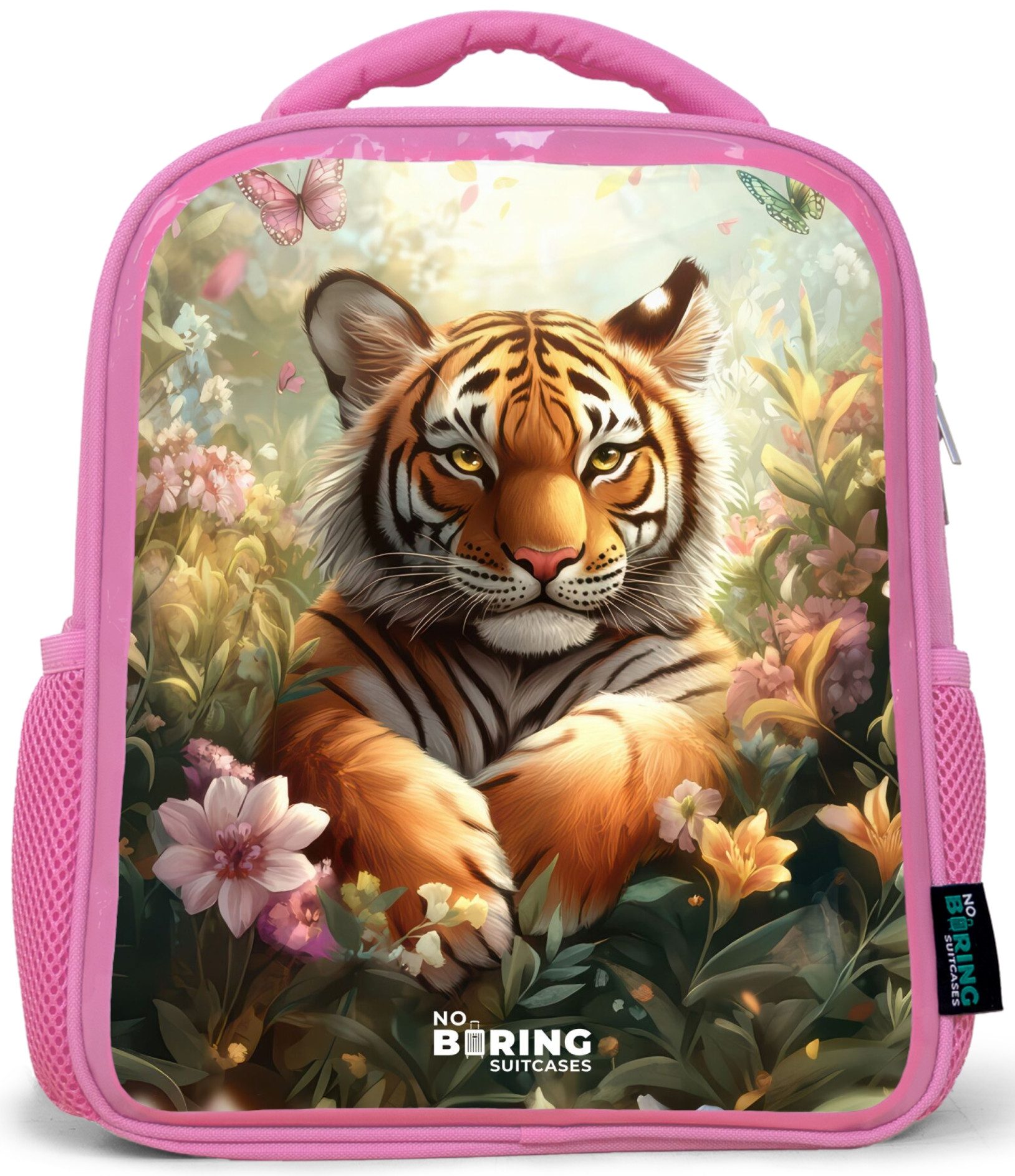 Rucksack Rosa - Tiger im Blumenfeld mit Schmetterlingen und Sonnenlicht