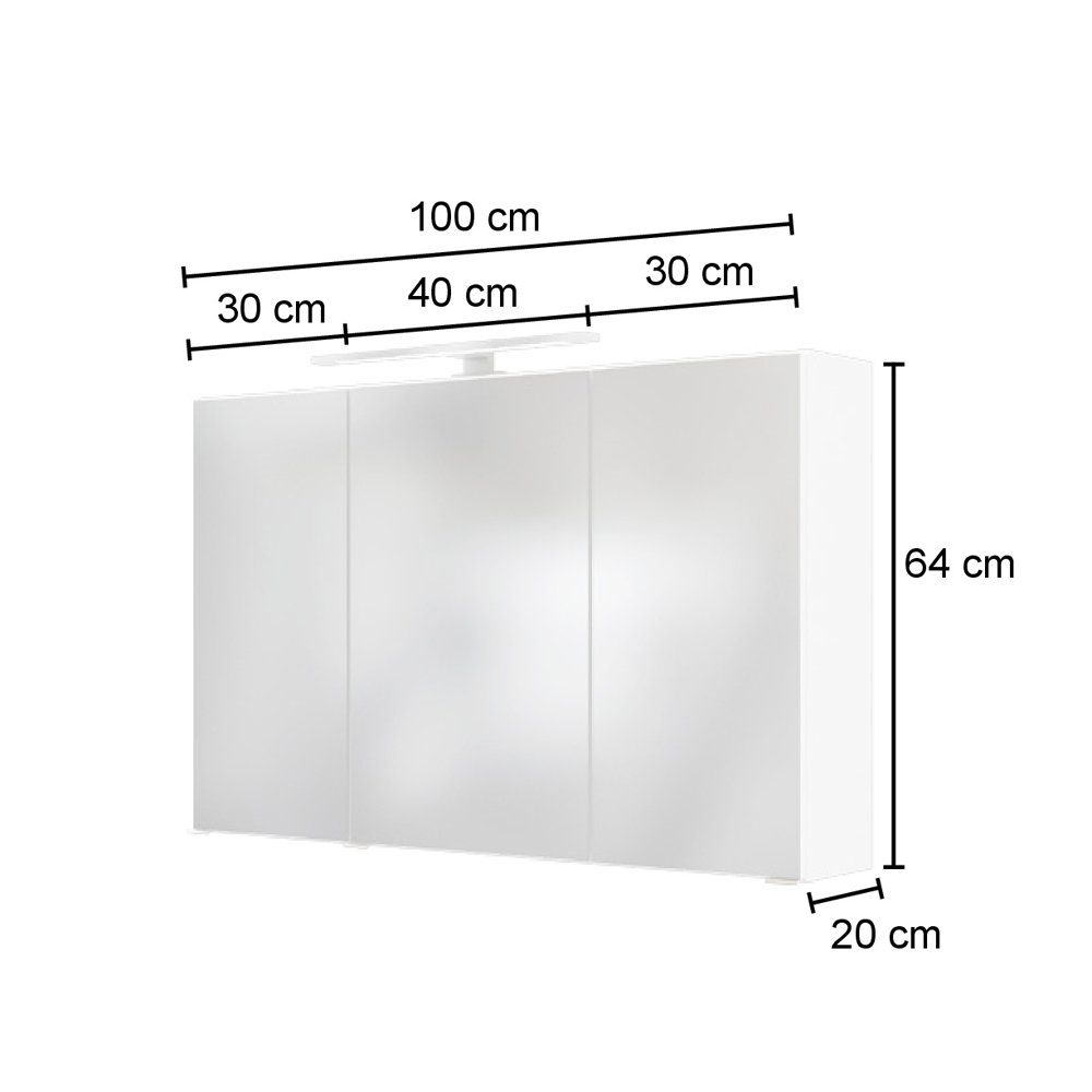Lomadox Spiegelschrank APIA-03 mit 3D- 100cm ca. cm B/H/T 100/64-69/20 graphit LED-Aufbauleuchte, in