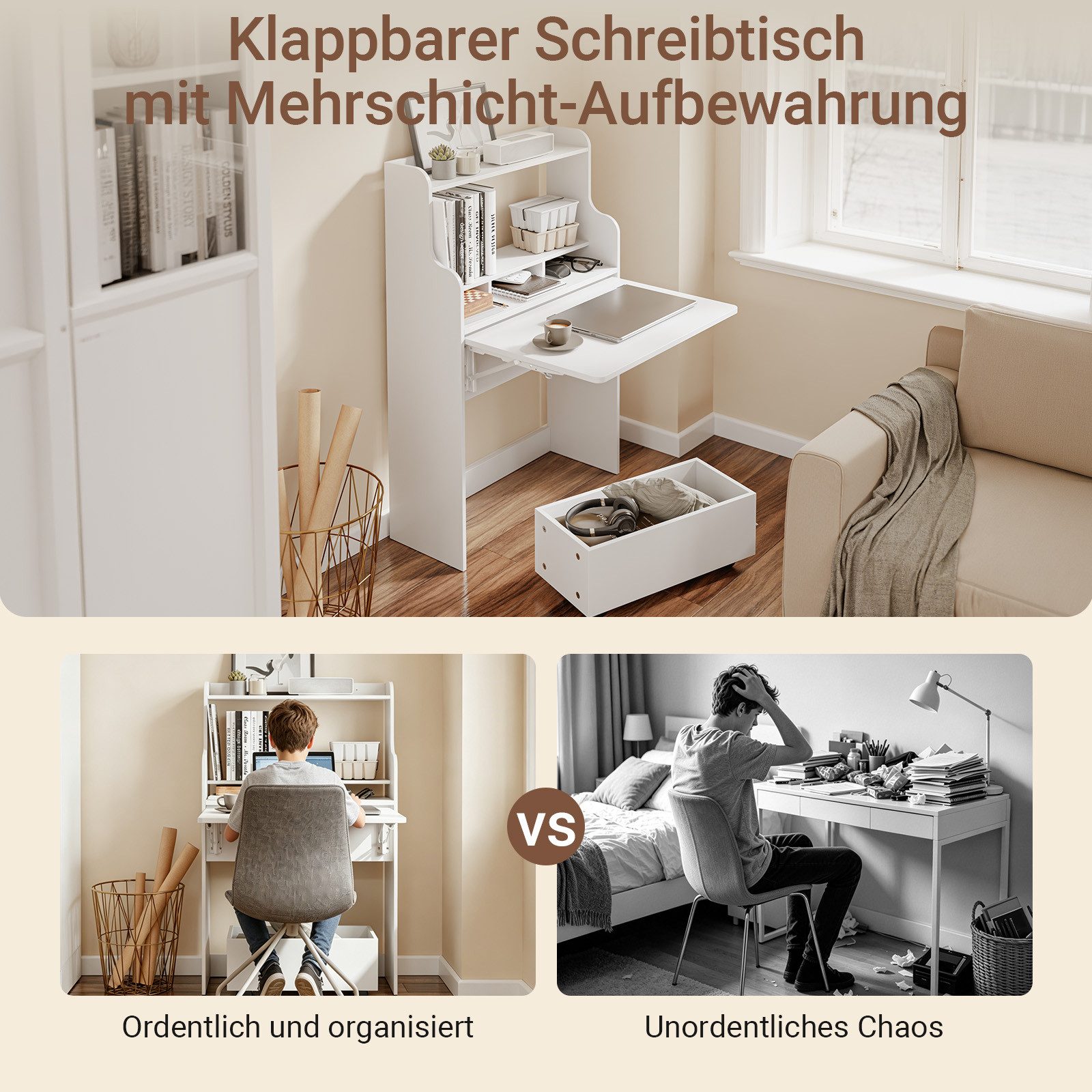 SoBuy Schreibtisch FWT105, Klappschreibtisch mit Regal, mit Regalböden, Computertisch Klapptisch Arbeitstisch für Homeoffice