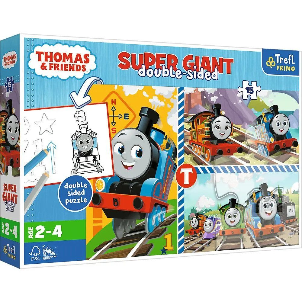 Trefl Puzzle Primo GIANT Puzzle 15 Teile + Malvorlage Thomas die Lokomotive, 15 Puzzleteile