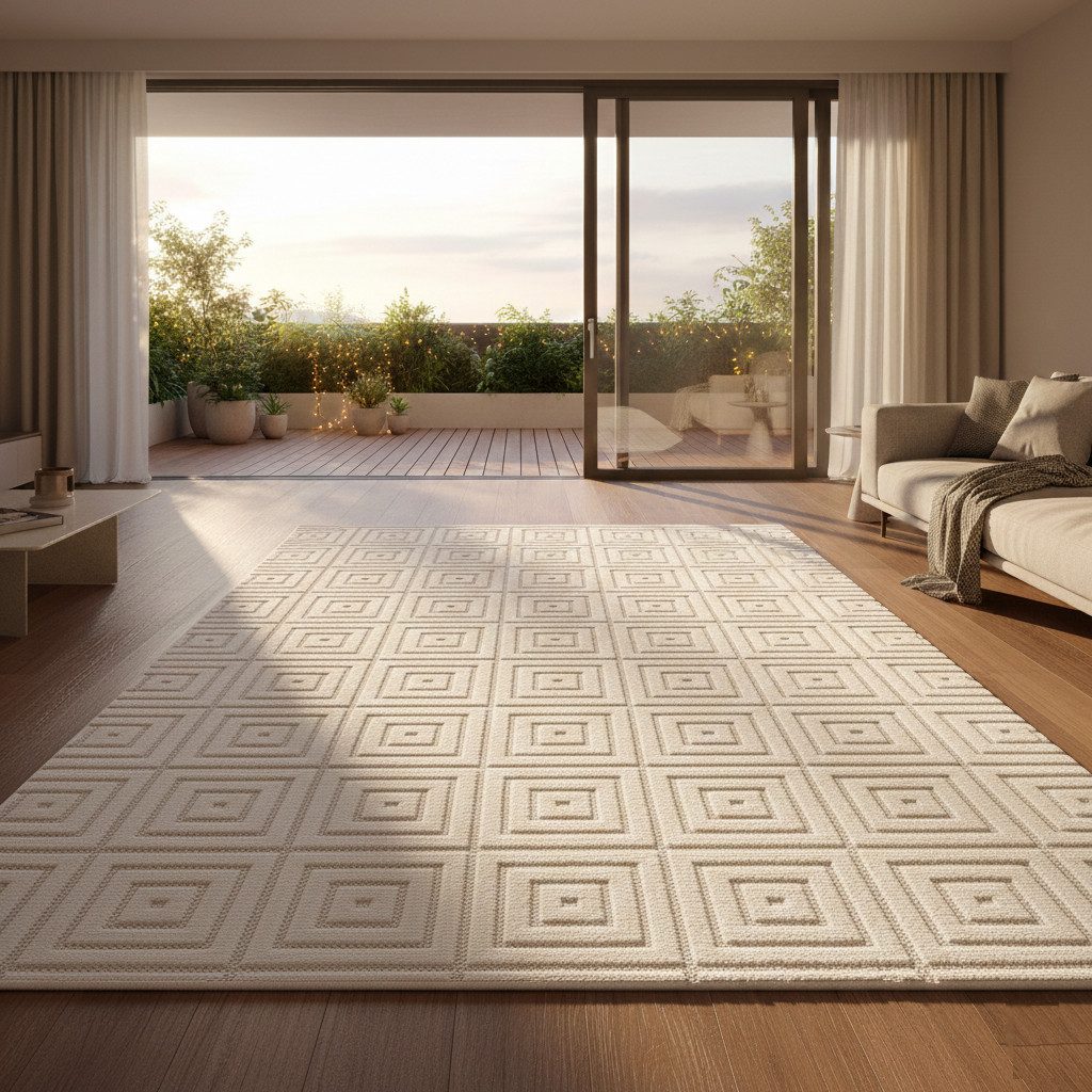 Vimoda Designteppich hoch/tief Motiv, Kurzflor Teppich Creme, Uni, Rechteckig, Höhe: 10 mm, Teppich Boho Design, Wohnzimmer, Schlafzimmer& Küche