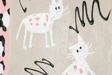 YS-Art Gemälde Kindheit, Tierbilder, Katzen Schwarz Weiß Lila Rosa Frau Leinwand Bild Handgemalt Abstrakt
