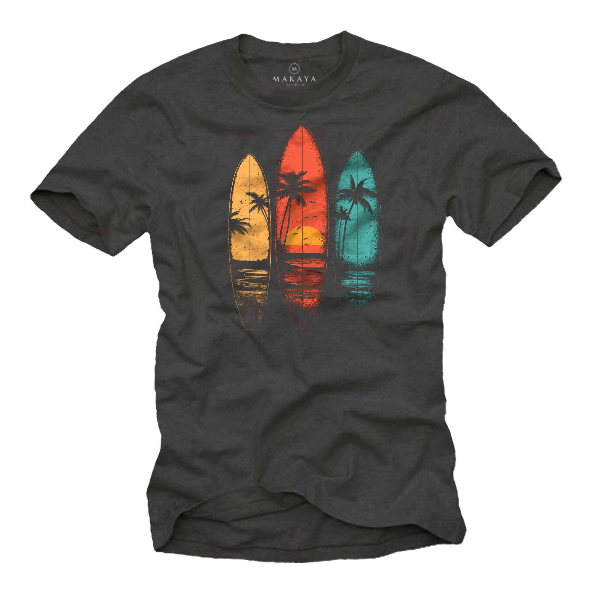 MAKAYA T-Shirt Printshirt für Männer – Retro Surfer Look mit Palmen & Sonne (Schwarz, Blau, Grün, Blaugrau, Grau, S, M, L, XL, XXL, XXXL, XXXXL, XXXXXL) Baumwolle