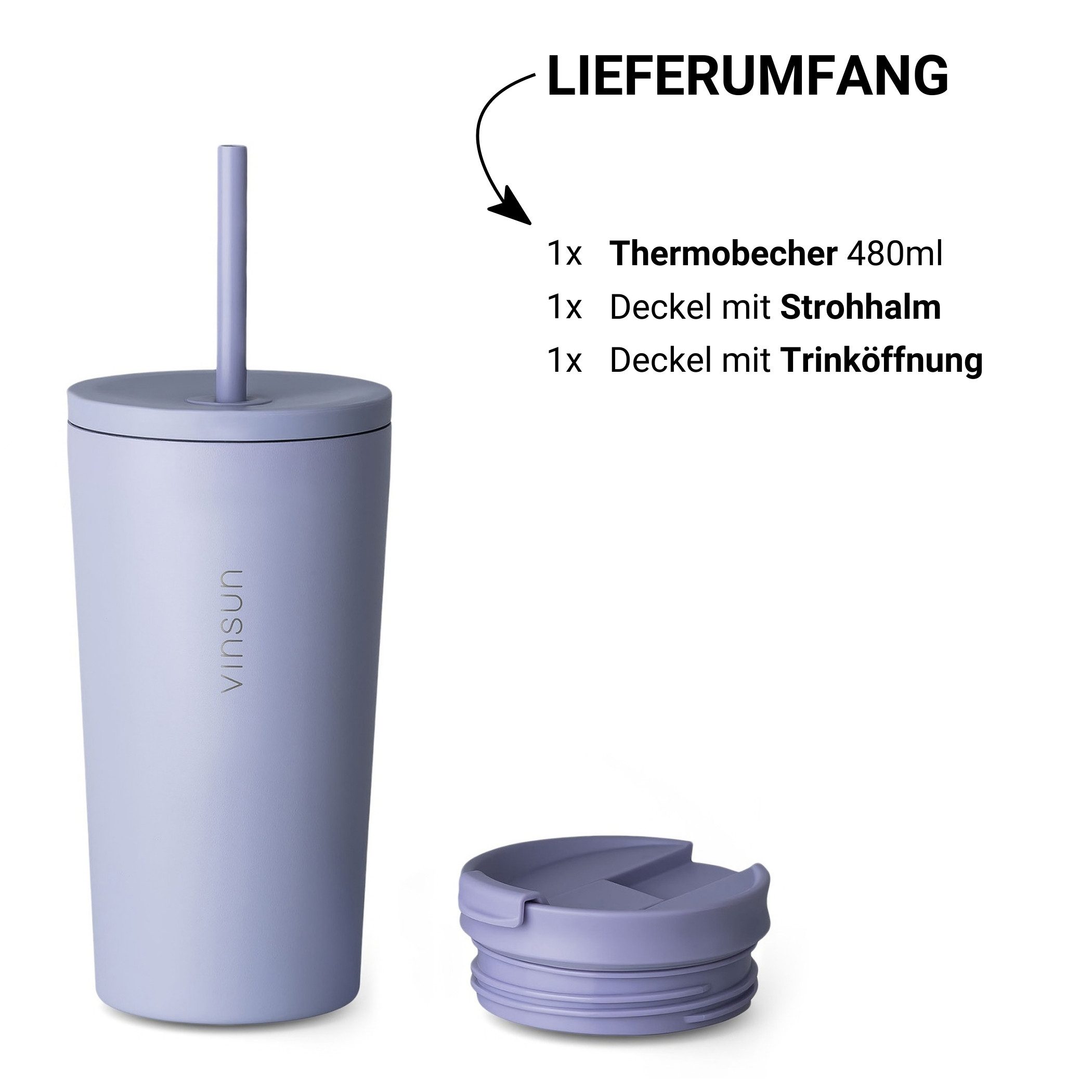 Vinsun Thermobecher Edelstahl Becher mit Strohhalm 480ml - Isolierbecher auslaufsicher, 4-tlg., Edelstahl, Doppelwandig isoliert, BPA frei, bruchfest, Kalt- und Heißgetränke