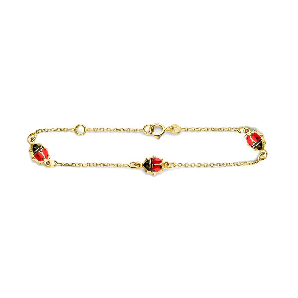 Miore Goldarmband für Kinder 9K Gelbgold mit Marienkäfern - Länge 12cm + 2cm Extension, Käfer ca. 6 x 5,5 mm - Made in Italy