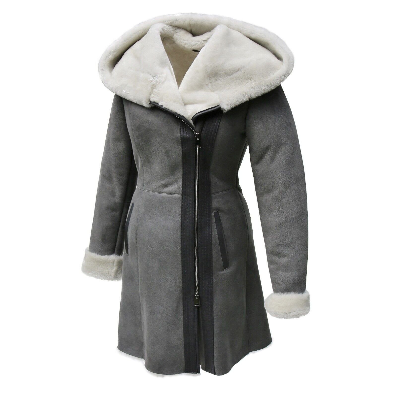 Hollert Winterjacke Kate Damen Jacke Kapuze Echtleder aus Merino mit Grau/Weiß Schaffell