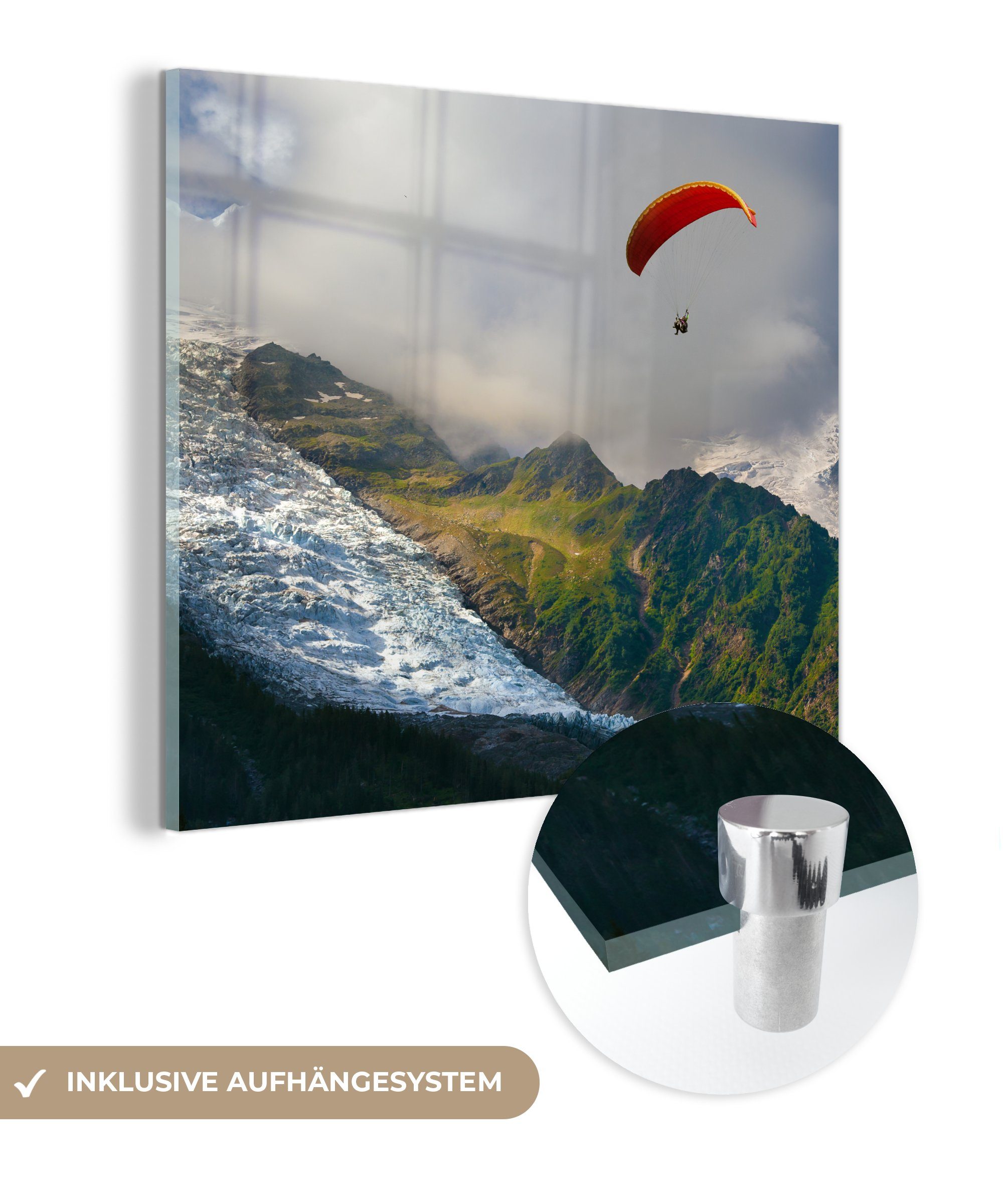auf - Gleitschirmfliegen St), - Wandbild - Glasbilder Bilder MuchoWow - (1 Glas - Glas Foto auf Alpen Acrylglasbild Schnee, Wanddekoration