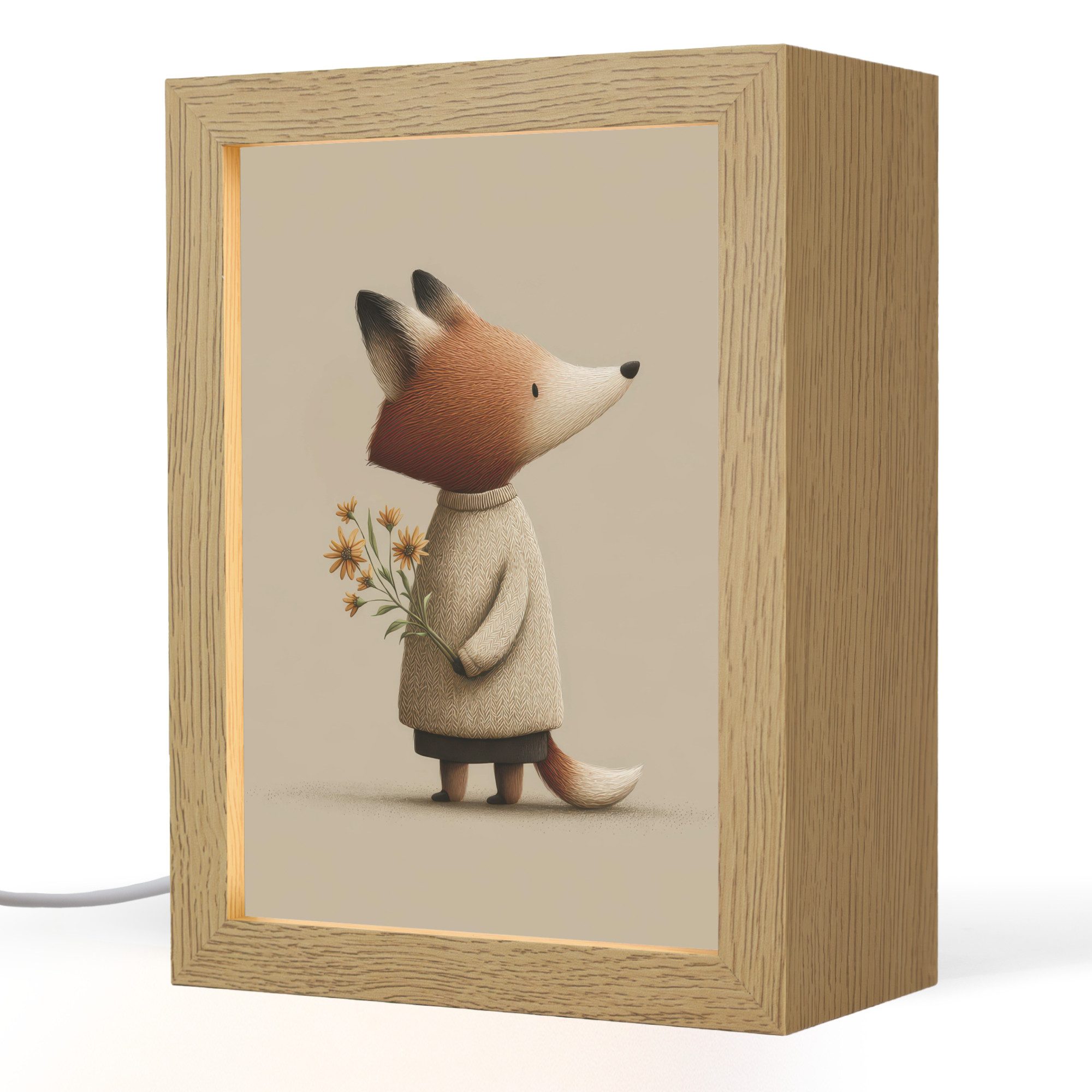 OnlyWow Nachttischlampe Lightbox Fuchs - Gelbe Blumen - Minimalistisch - Jungen, Dimmbar, Farbwechsel, LED, Warmweiß, Kaltweiß, Neutralweiß Einstellbar, Kinderzimmer, Babyzimmer, Dimmbar, mit Kabel, Nachtlampe, LED