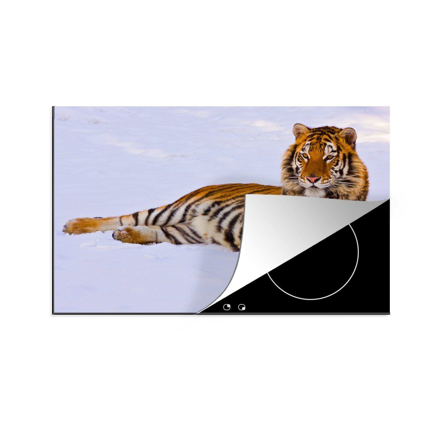 MuchoWow Herdblende-/Abdeckplatte Tiger - Schnee - Winter - Tiere, Vinyl, (1 tlg), 81x52 cm, Ceranfeldabdeckung, Arbeitsplatte für küche
