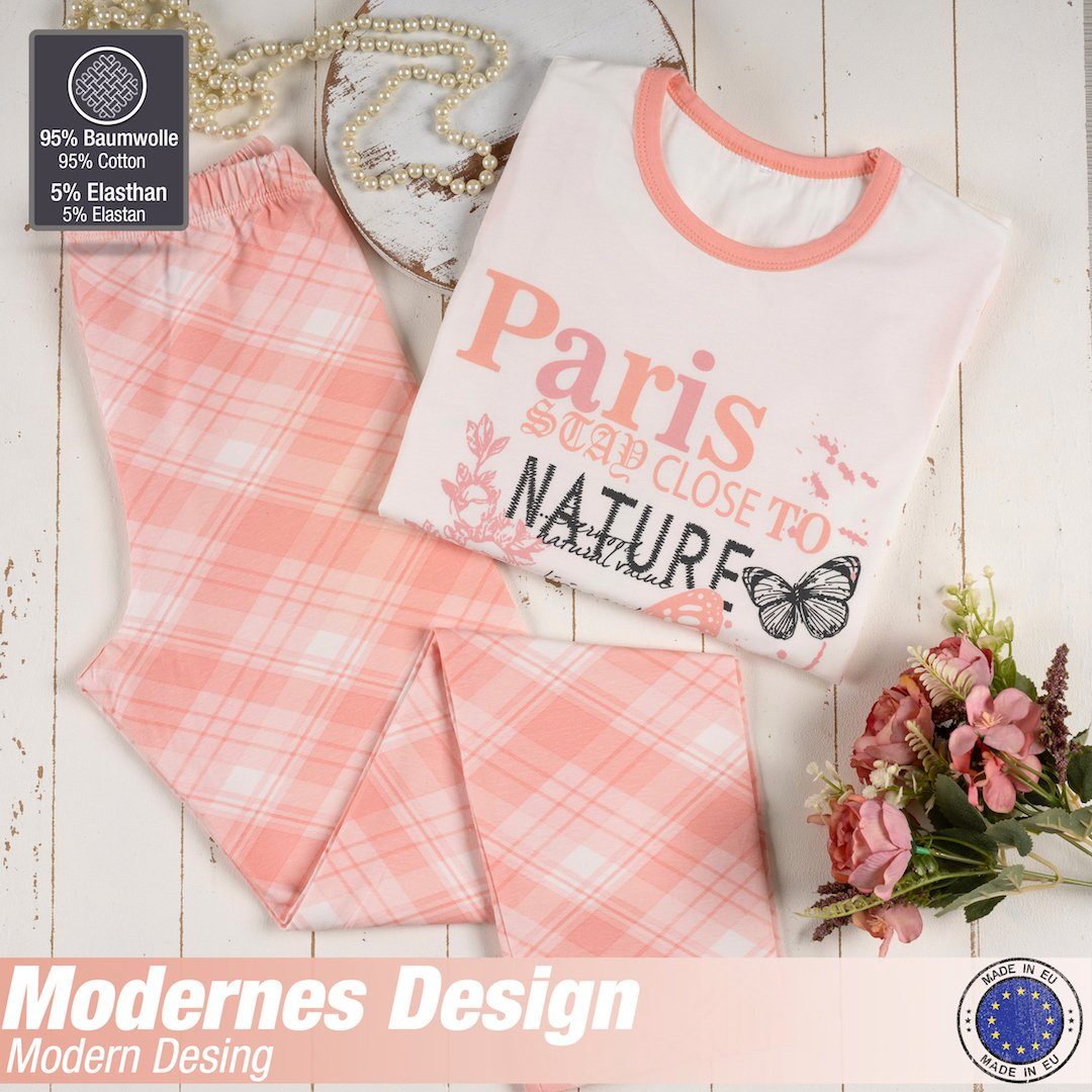 LOREZA Pyjama Mädchen Schlafanzug zweiteilig Set Langarm - Butterfly - Koralle (Set, 2 tlg)