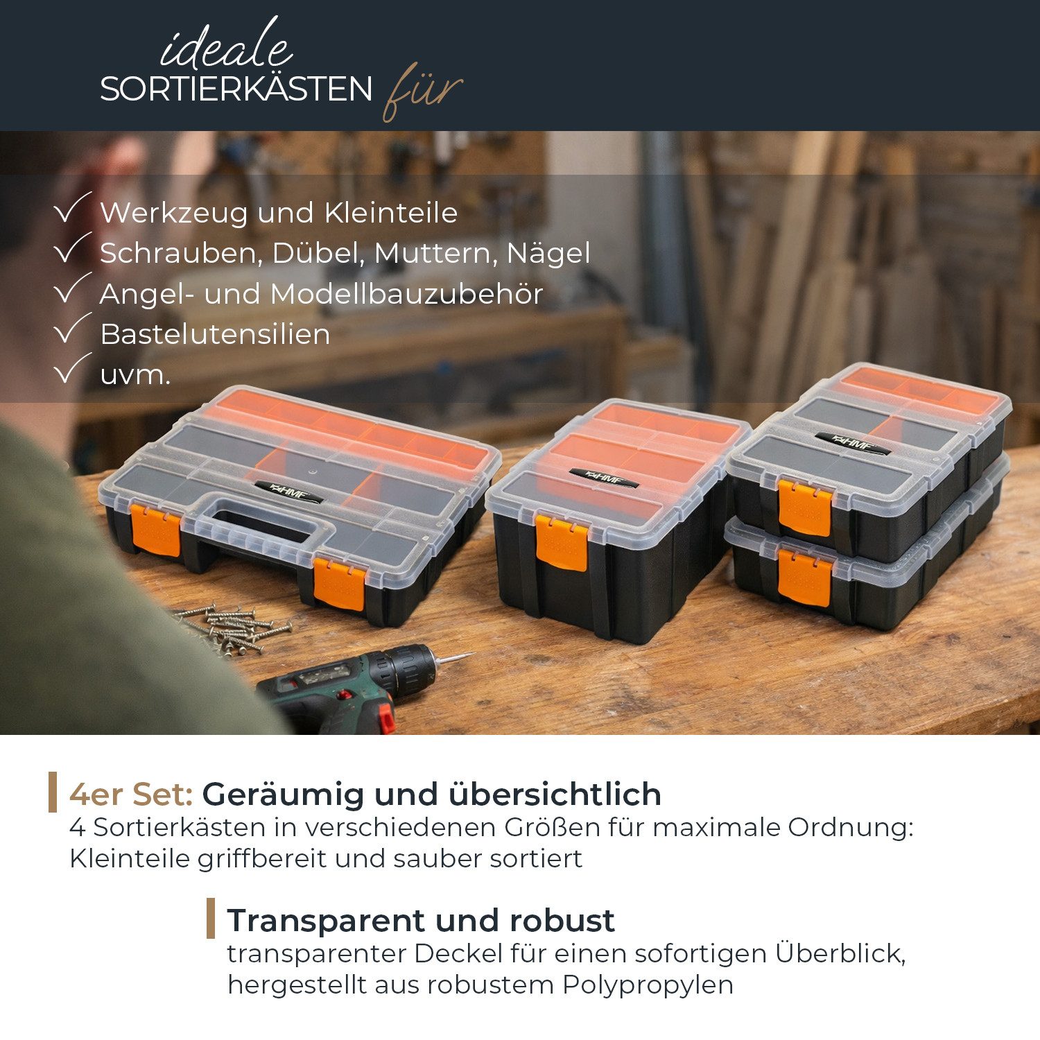HMF Sortimentskasten Sortierbox leer, Sortimentskasten für Werkzeug und Kleinteile (Set, 4 Boxen), 49 Fächer, transparenter Deckel, Schwarz-Orange