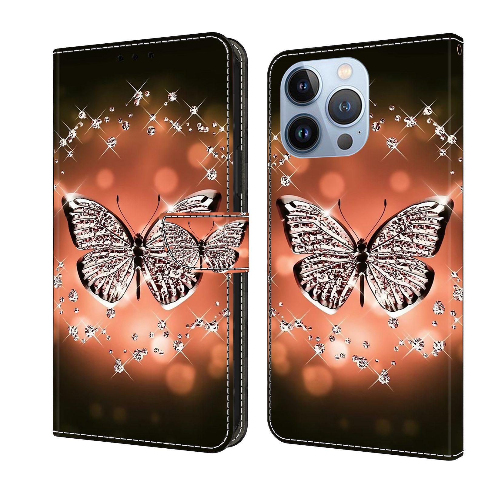 CLM-Tech Handytasche für iPhone 16 Pro Max Hülle aus Kunstleder Klapphülle (Schmetterling Diamanten Muster, Handyhülle mit Standfunktion - Wallet Flip Case inklusive Kartenfächer), - Cover mit Magnetverschluss - iPhone 16 Pro Max 6,9 Zoll Schutzhülle