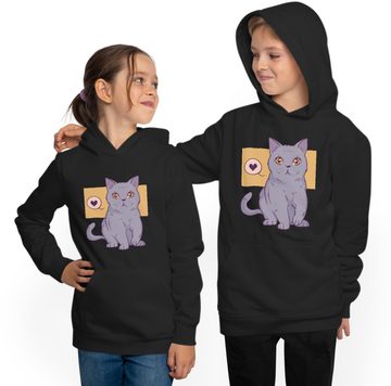MyDesign24 Hoodie Kinder Sweatshirt mit Kapuze - niedliche Katze mit Herz Kapuzensweater mit Aufdruck schwarz, i129