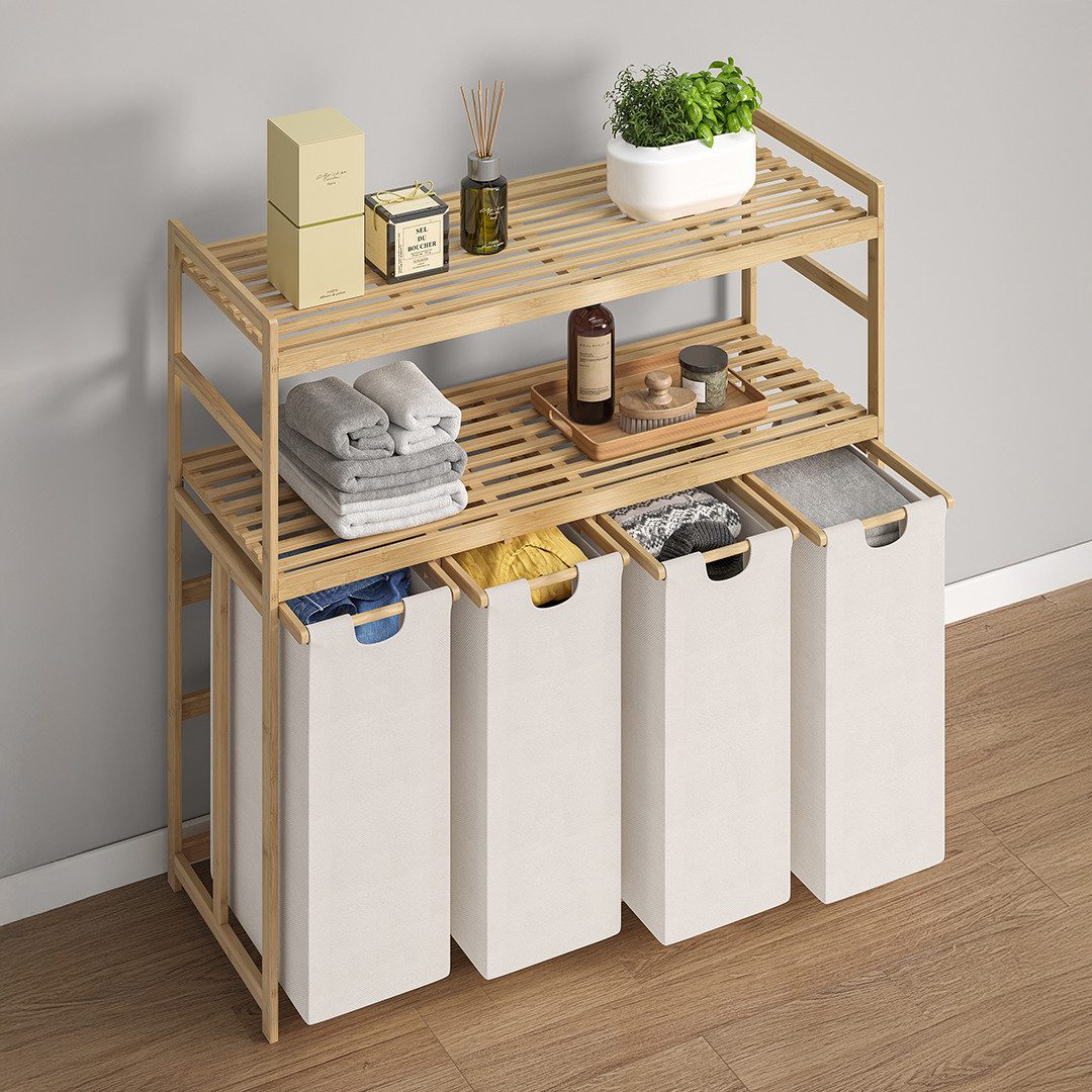 Bellamio Wäschekorb Newa aus Bambus (4 Fächer mit 2 Ablagen, Beige 200 L), ausziehbare & abnehmbare Wäschesäcke aus Oxford-Gewebe – Bild 5 von 5