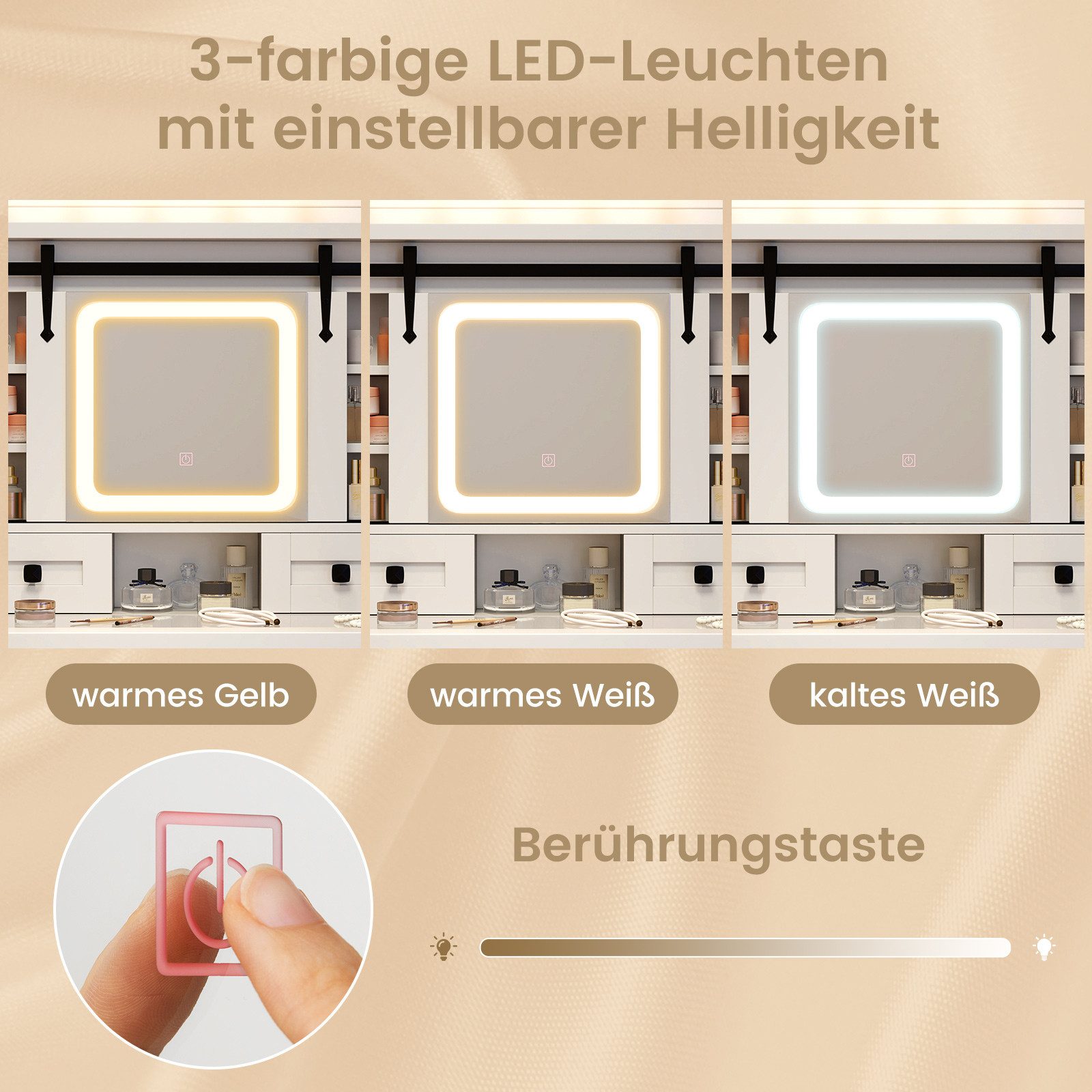 COSTWAY Schminktisch (1-St), mit LED-Beleuchtung, 4 Schubladen, Hocker