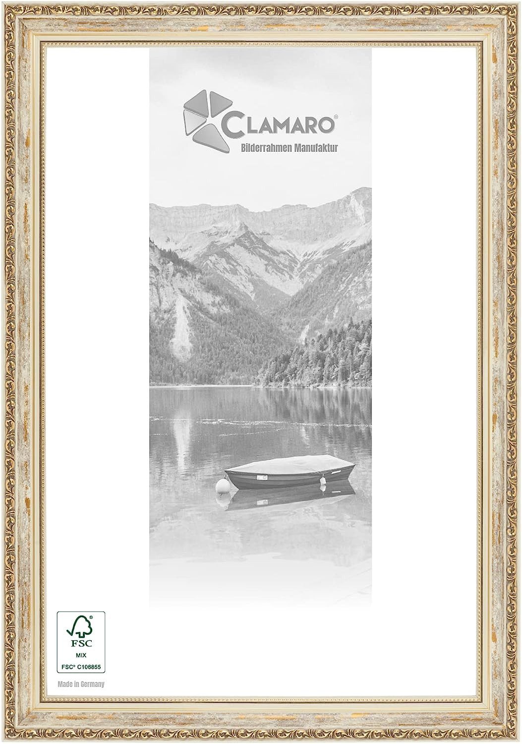 Clamaro Bilderrahmen Creme Weiß Gold Antik ELSA Massivholz, Shabby