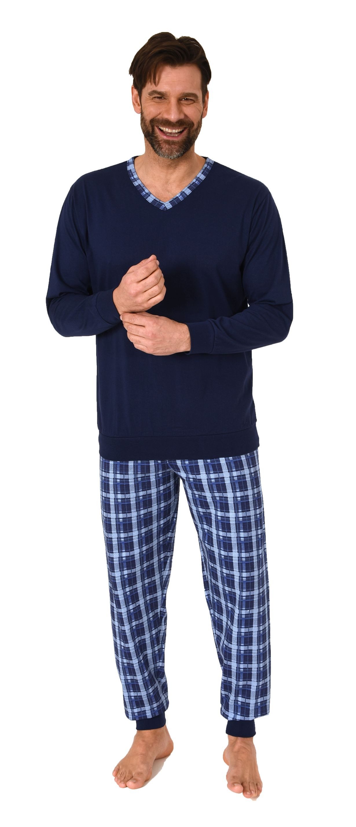 Normann Pyjama Normann Herren Schlafanzug mit Bündchen und karierter Jersey Hose