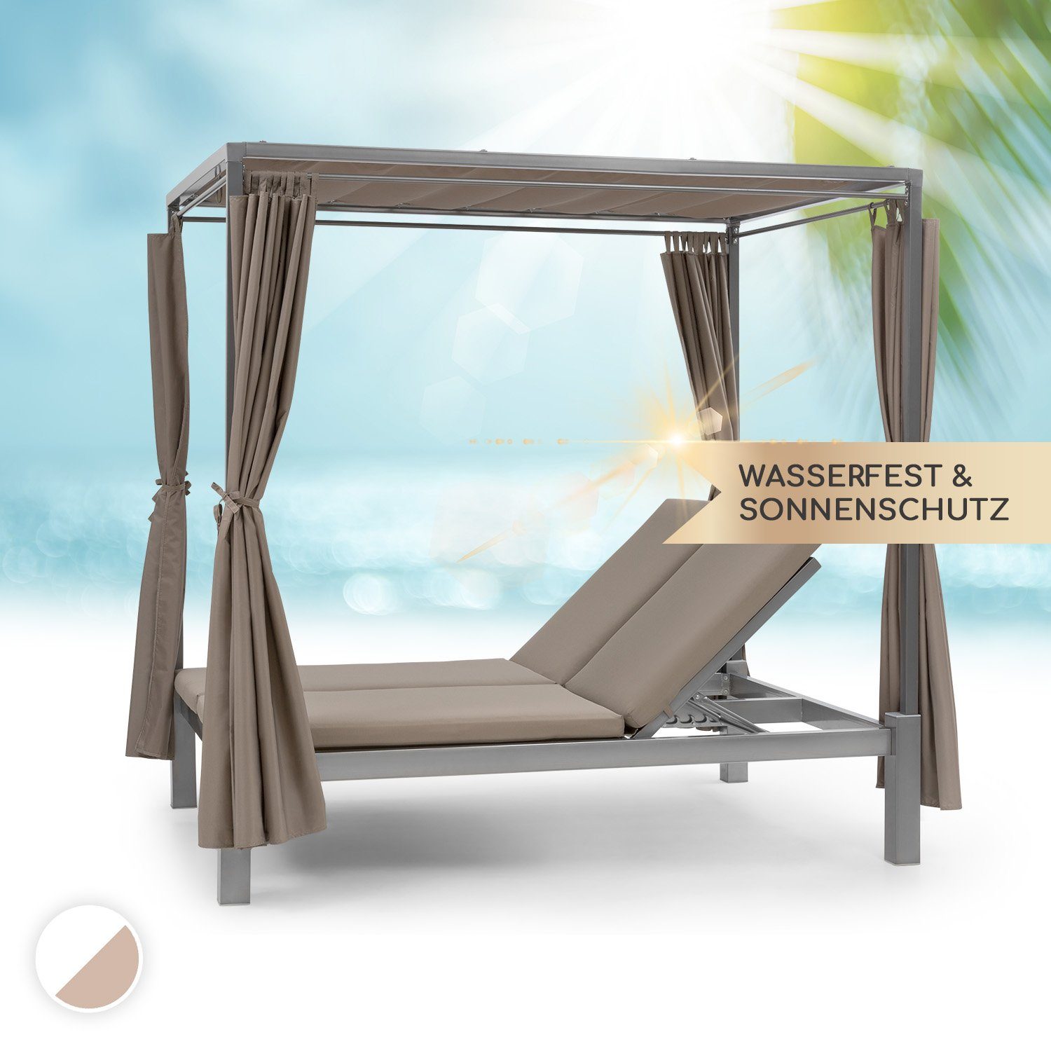 blumfeldt Gartenliege Eremitage Double Sunbed 2 Pers Stahl-Rahmen  Sonnendach Vorhänge taupe, Set, Liegeinsel Sonnenliege 2 Personen Garten  Sonneninsel Dach Doppelliege